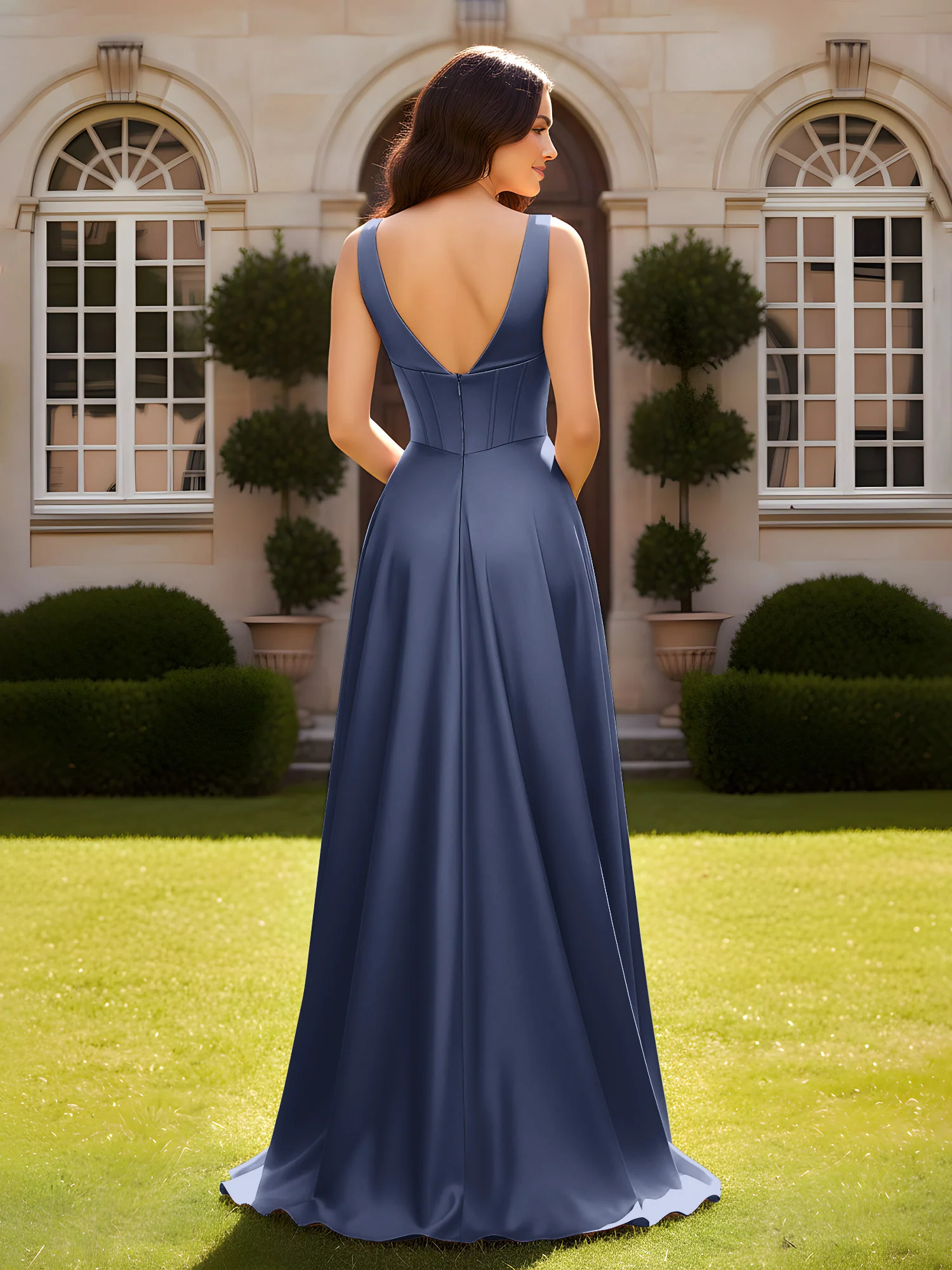 Sleeveless A-Line Evening Dress with Low V-Back Dark Navy - Image 2