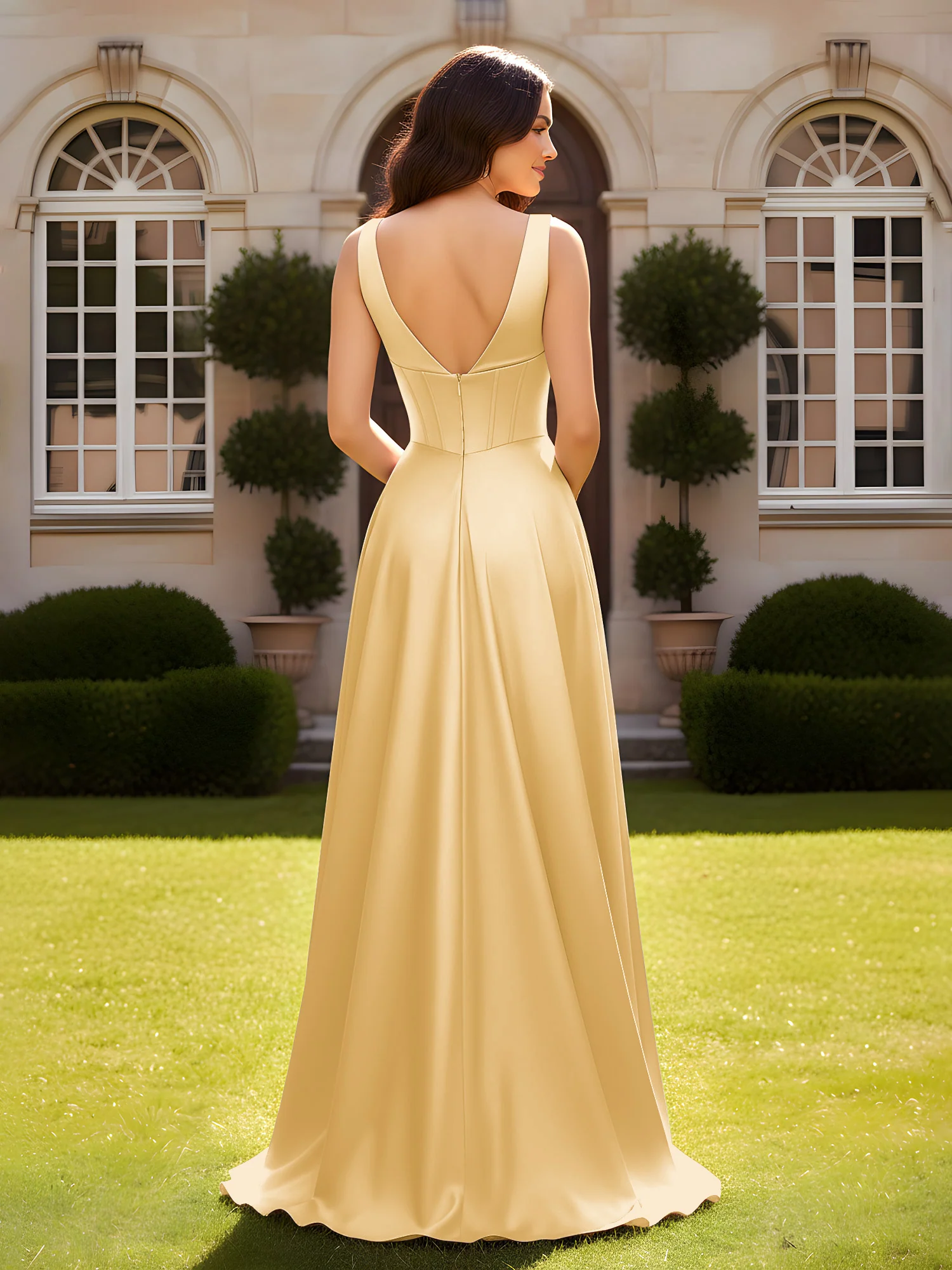 Sleeveless A-Line Evening Dress with Low V-Back Gold - Image 2