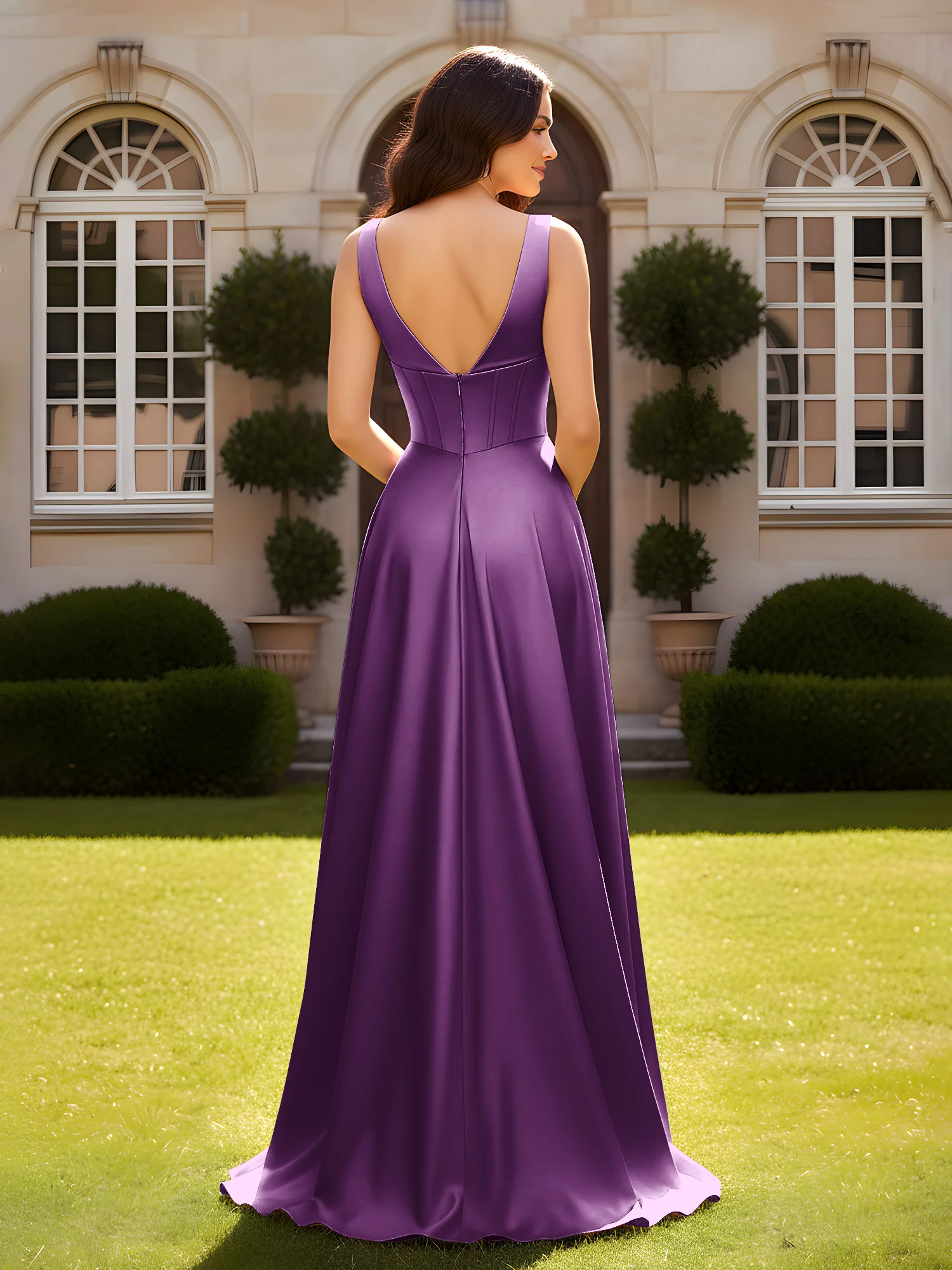 Sleeveless A-Line Evening Dress with Low V-Back Grape - Image 2