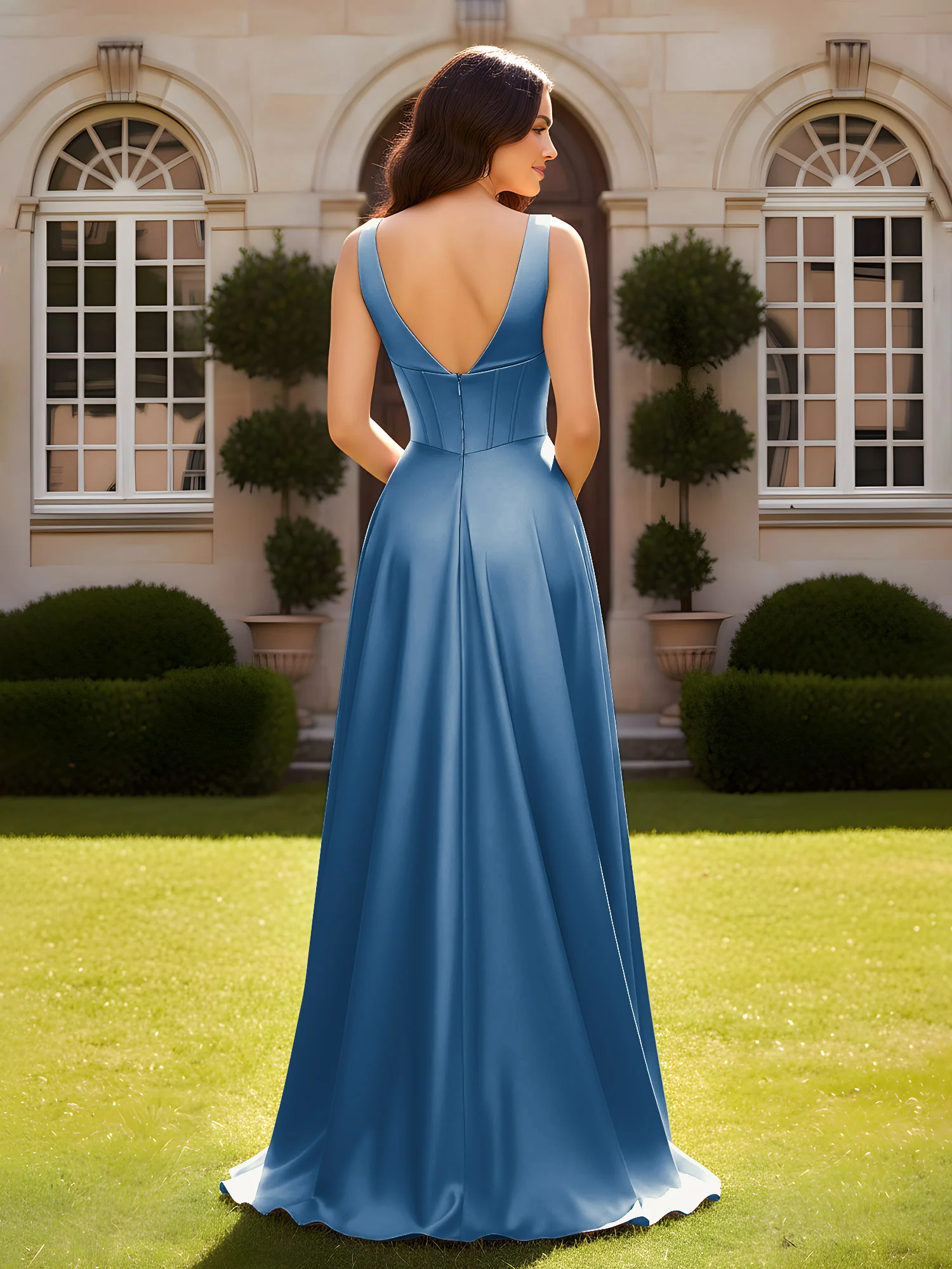 Sleeveless A-Line Evening Dress with Low V-Back Ink Blue - Image 2