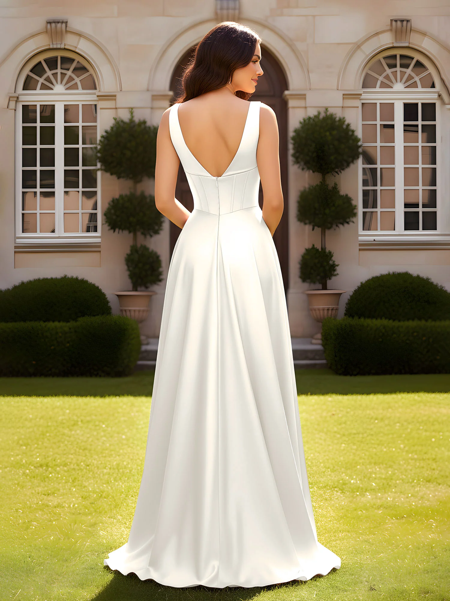 Sleeveless A-Line Evening Dress with Low V-Back Ivory - Image 2