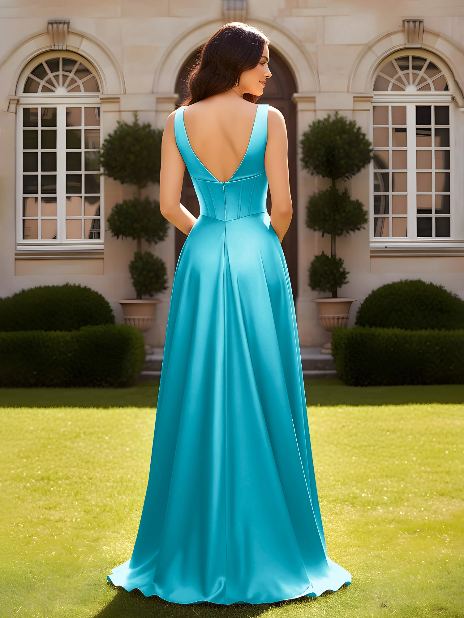 Sleeveless A-Line Evening Dress with Low V-Back Jade - Image 2