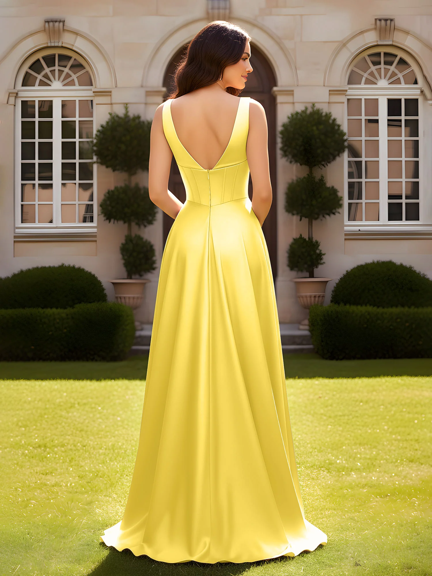 Sleeveless A-Line Evening Dress with Low V-Back Marigold - Image 2