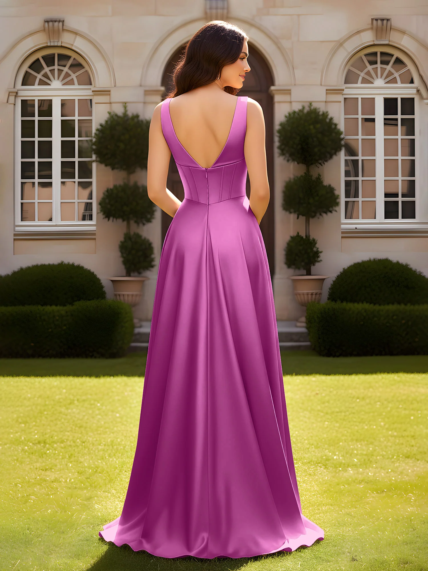 Sleeveless A-Line Evening Dress with Low V-Back Orchid - Image 2