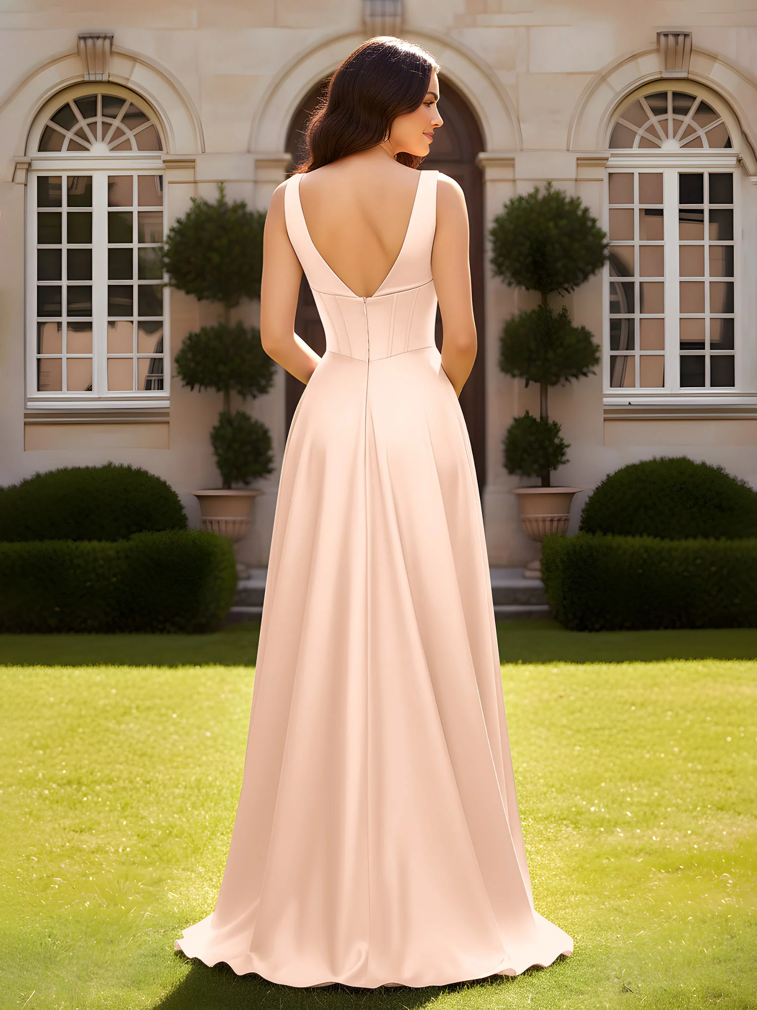 Sleeveless A-Line Evening Dress with Low V-Back Peach - Image 2