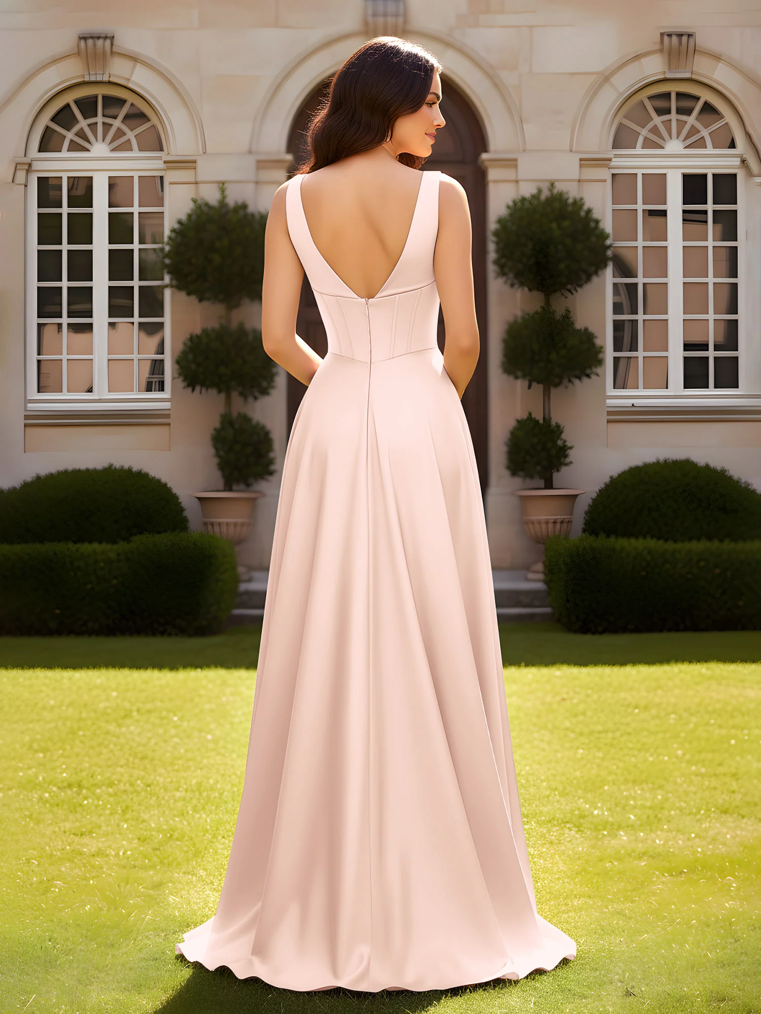 Sleeveless A-Line Evening Dress with Low V-Back Pearl Pink - Image 2