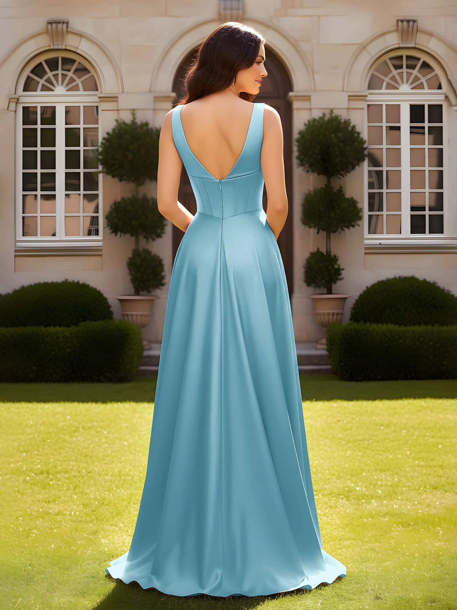 Sleeveless A-Line Evening Dress with Low V-Back Pool - Image 2