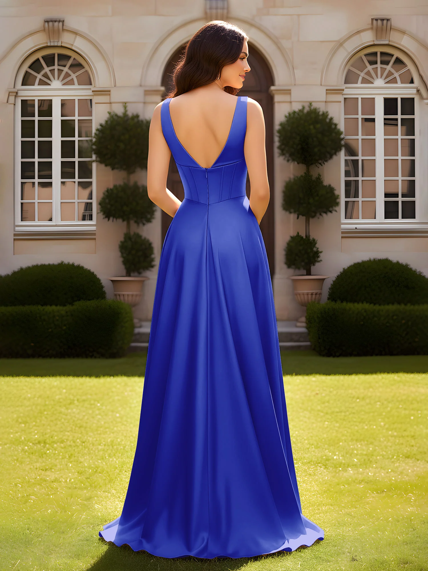 Sleeveless A-Line Evening Dress with Low V-Back Royal Blue - Image 2