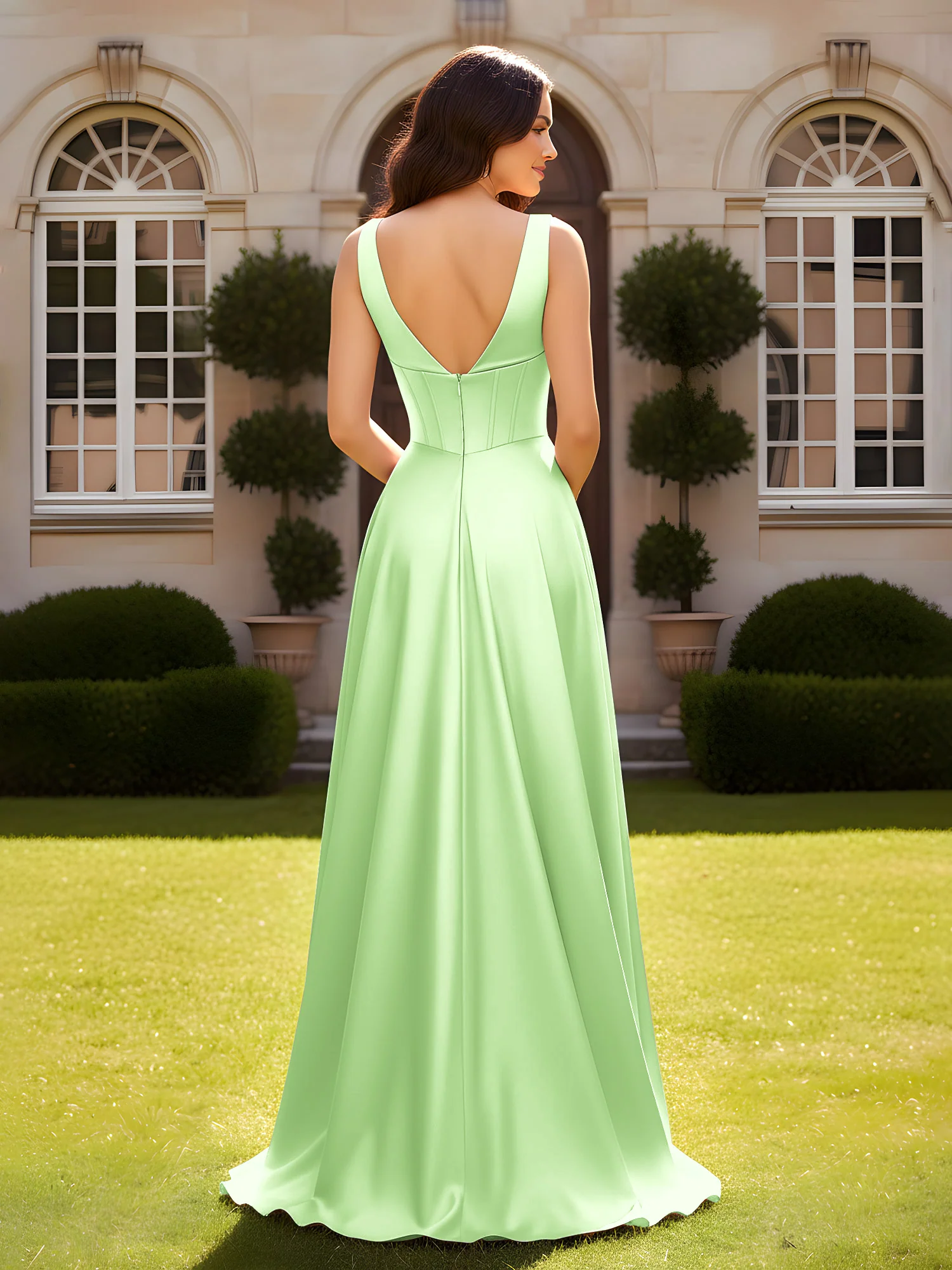 Sleeveless A-Line Evening Dress with Low V-Back Sage - Image 2