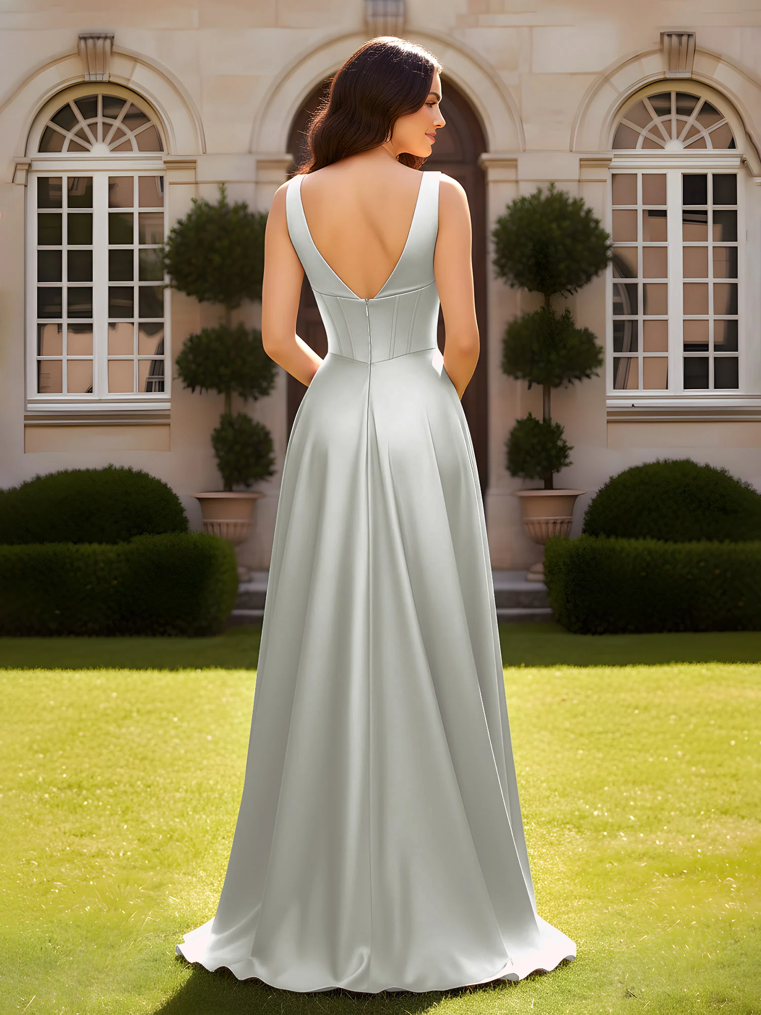 Sleeveless A-Line Evening Dress with Low V-Back Silver - Image 2