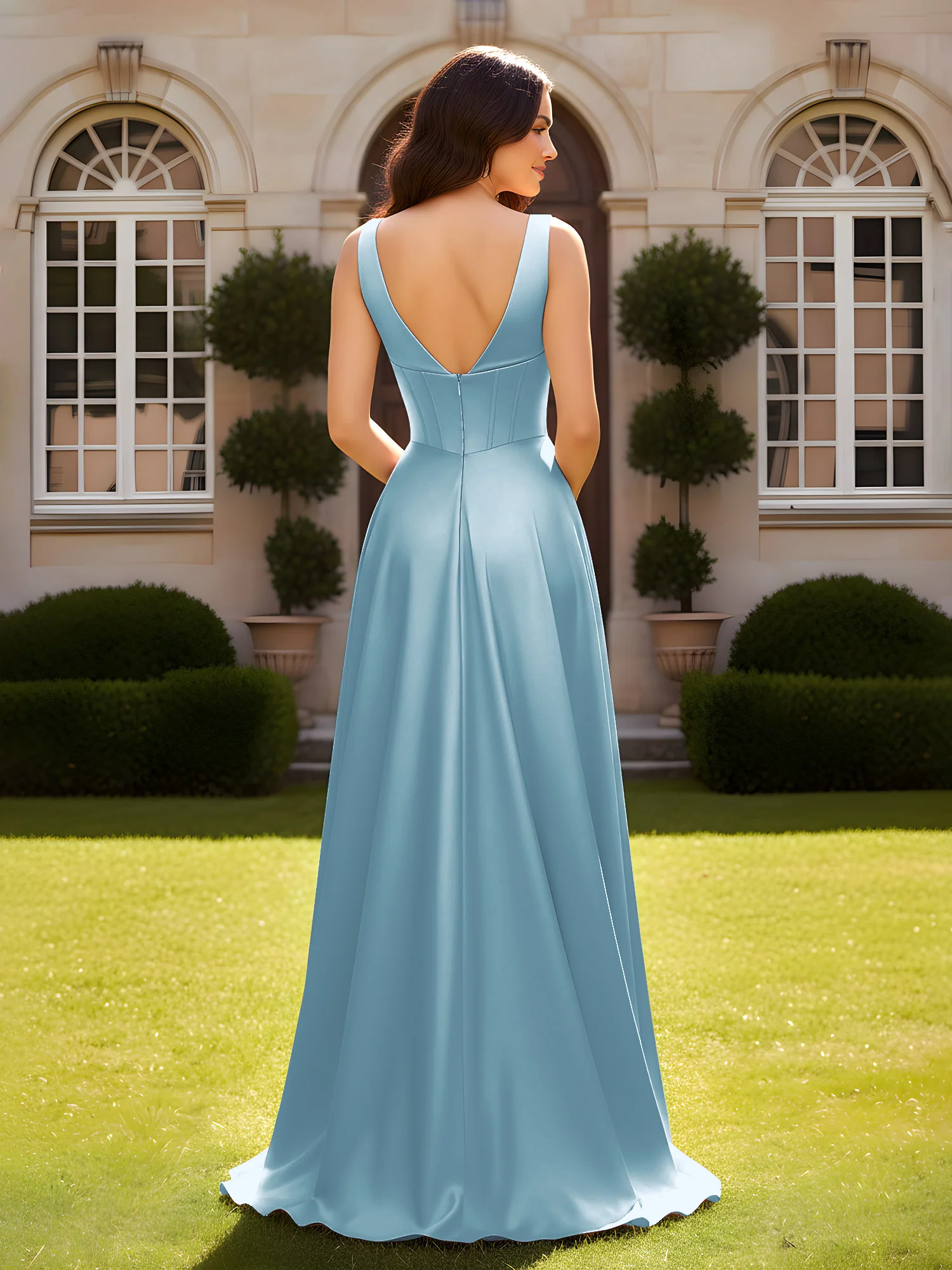 Sleeveless A-Line Evening Dress with Low V-Back Slate Blue - Image 2