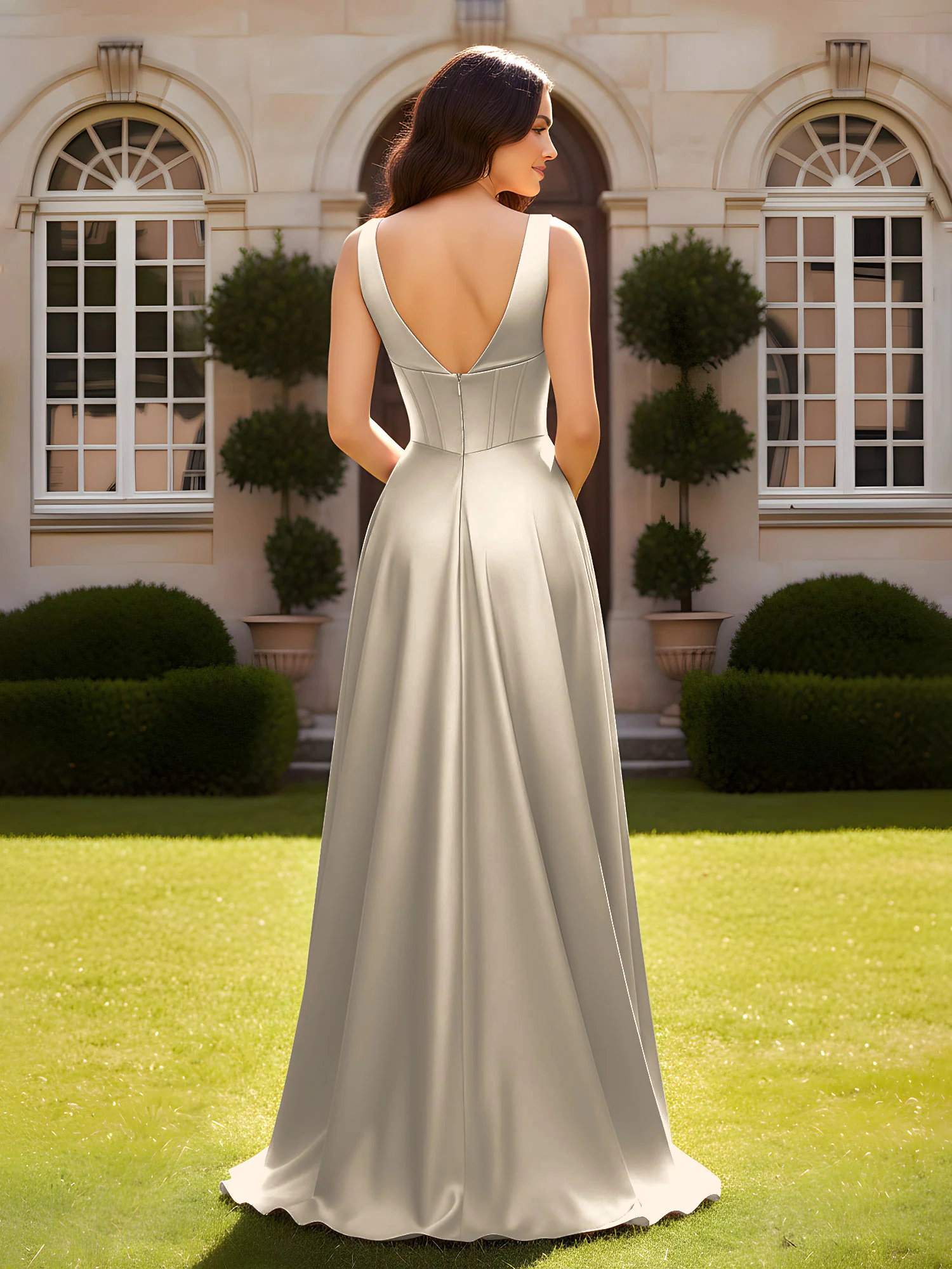 Sleeveless A-Line Evening Dress with Low V-Back Taupe - Image 2