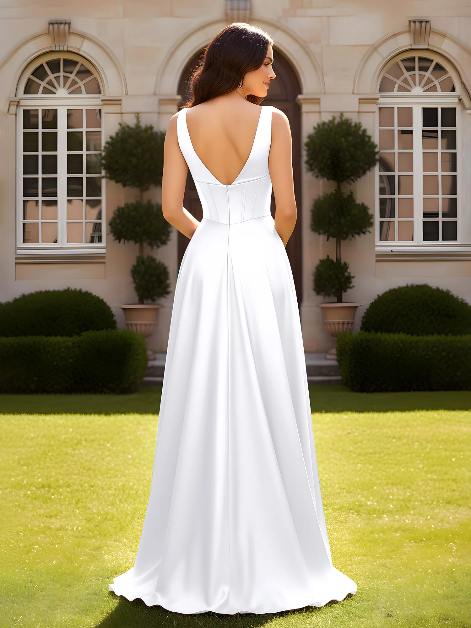 Sleeveless A-Line Evening Dress with Low V-Back White - Image 2