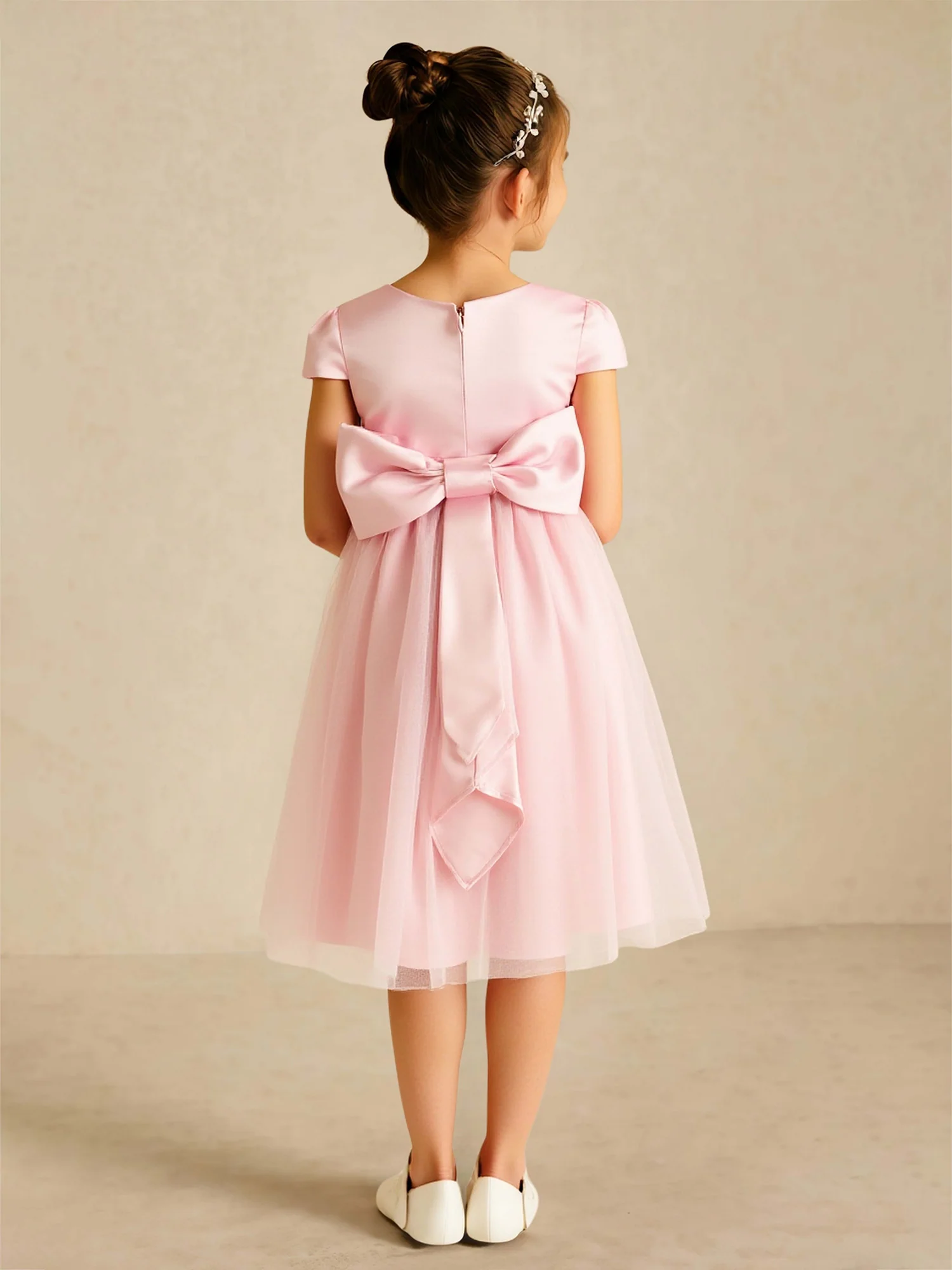 Scoop A-Line Knee-Length Flower Girl Dress With Bow Blushing Pink - Image 2
