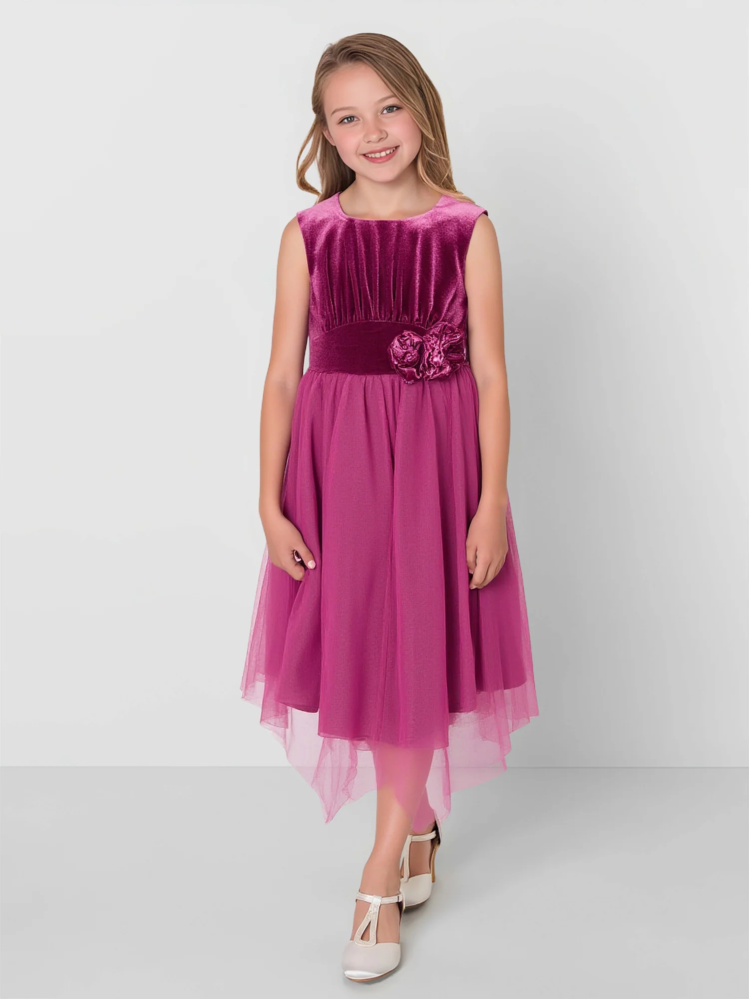 Scoop A-Line Velvet Tulle Knee-Length Flower Girl Dress Fuchsia