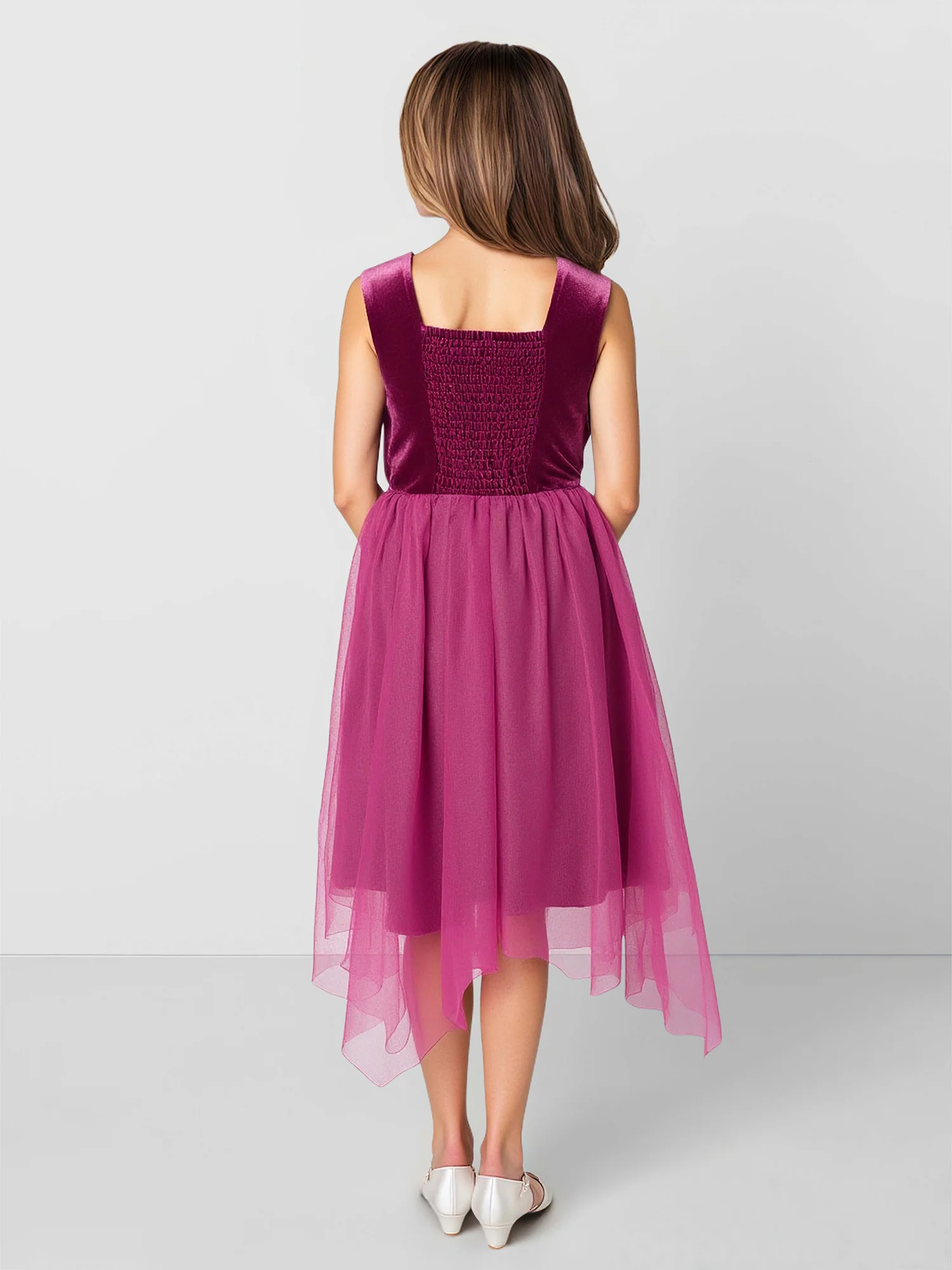 Scoop A-Line Velvet Tulle Knee-Length Flower Girl Dress Fuchsia - Image 2