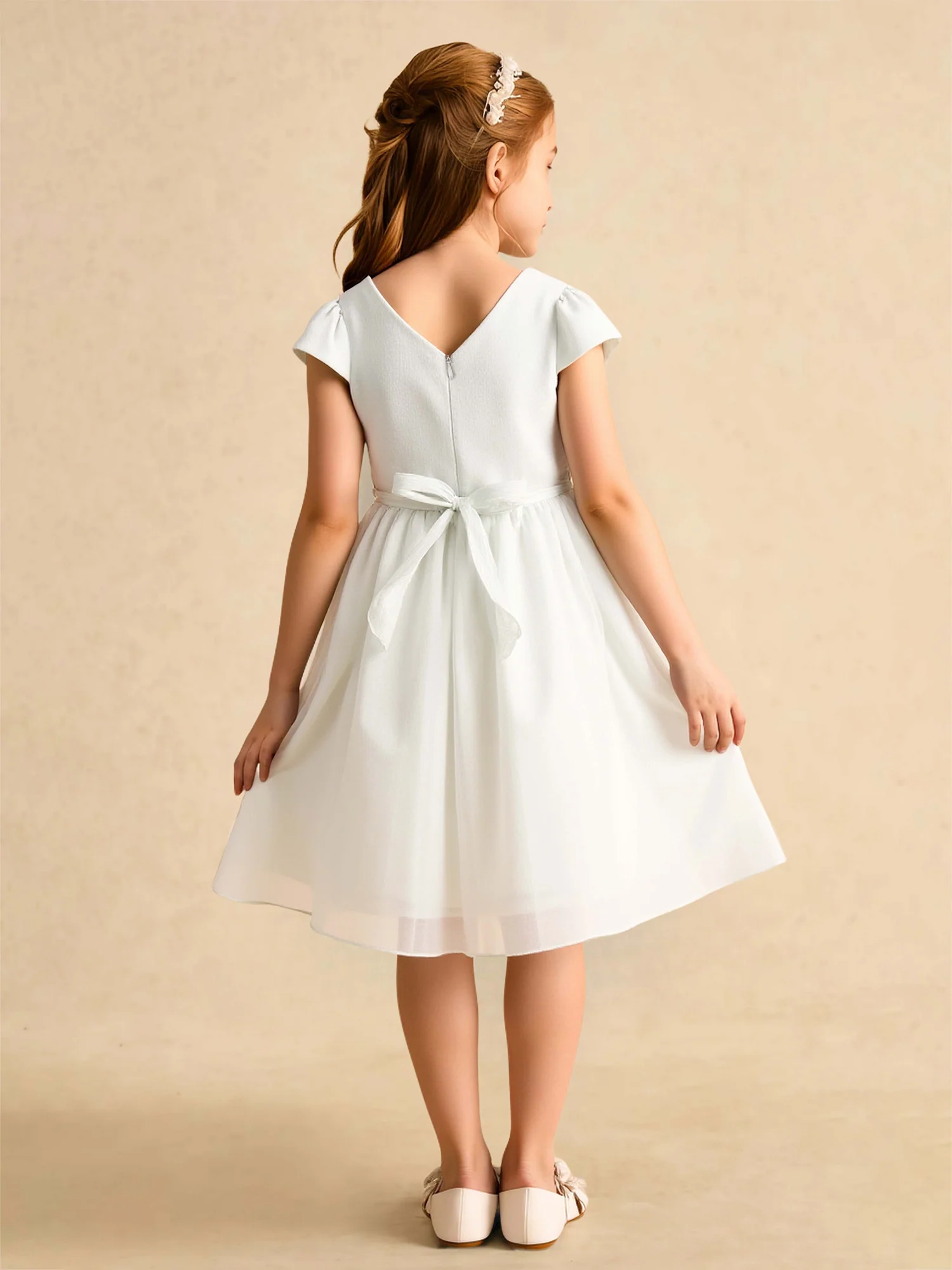 Scoop Cap Sleeve A-Line Flower Girl Dress With Flower Ivory - Image 2
