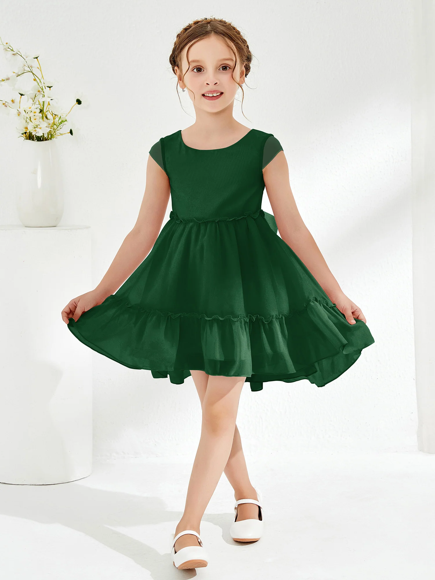 Scoop Chiffon Girl's Knee-Length Dress Dark Green - Image 3