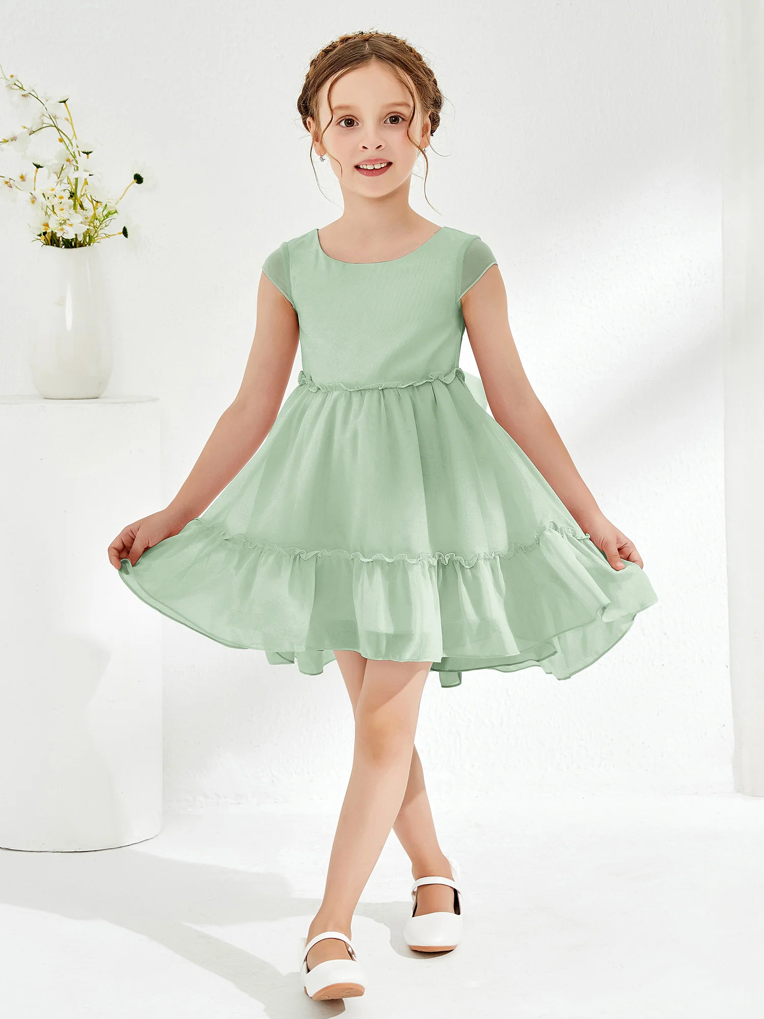 Scoop Chiffon Girl's Knee-Length Dress Dusty Sage - Image 3