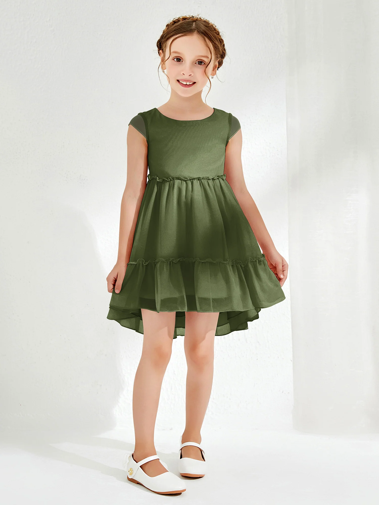 Scoop Chiffon Girl's Knee-Length Dress Olive Green