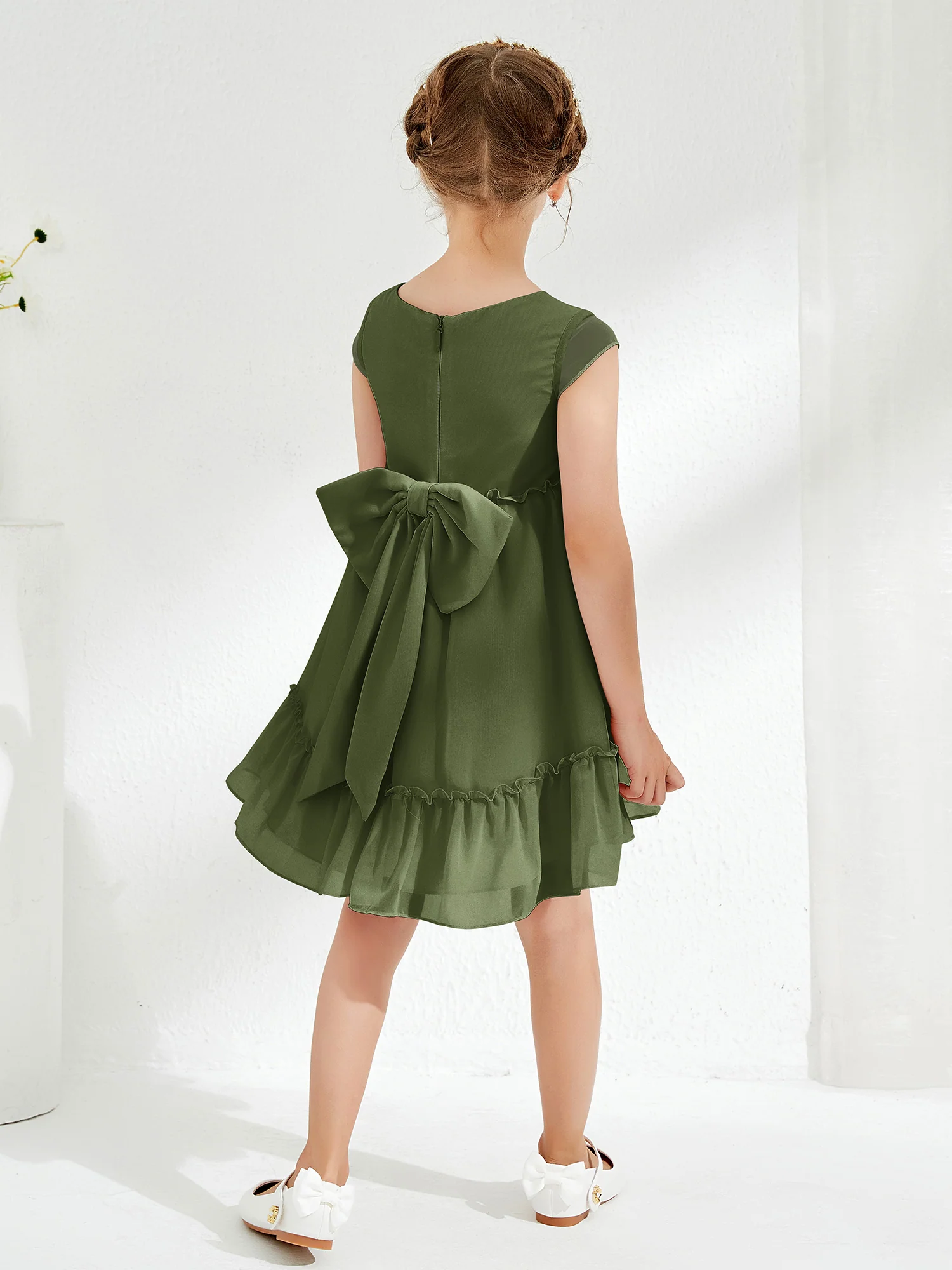 Scoop Chiffon Girl's Knee-Length Dress Olive Green - Image 2