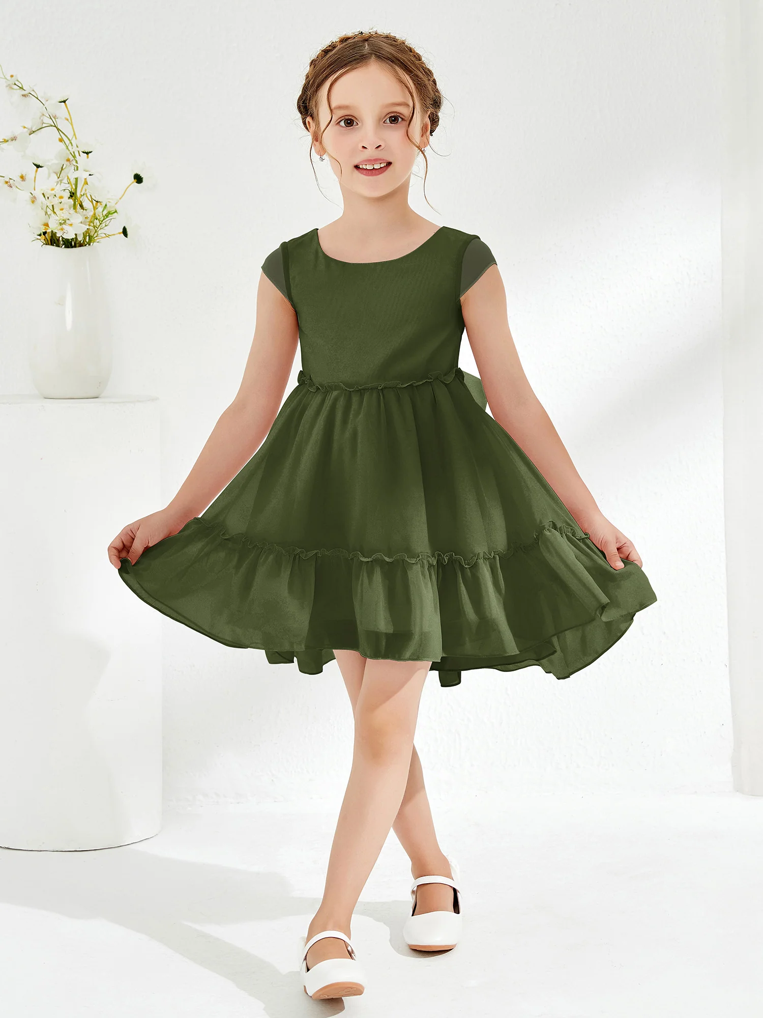 Scoop Chiffon Girl's Knee-Length Dress Olive Green - Image 3