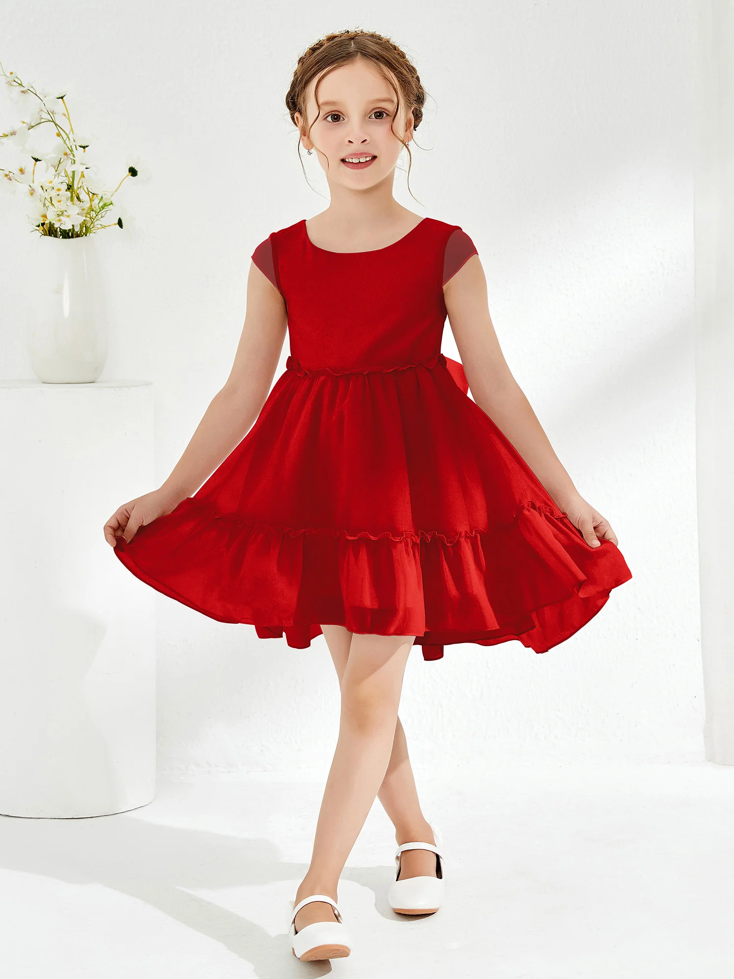 Scoop Chiffon Girl's Knee-Length Dress Red - Image 3
