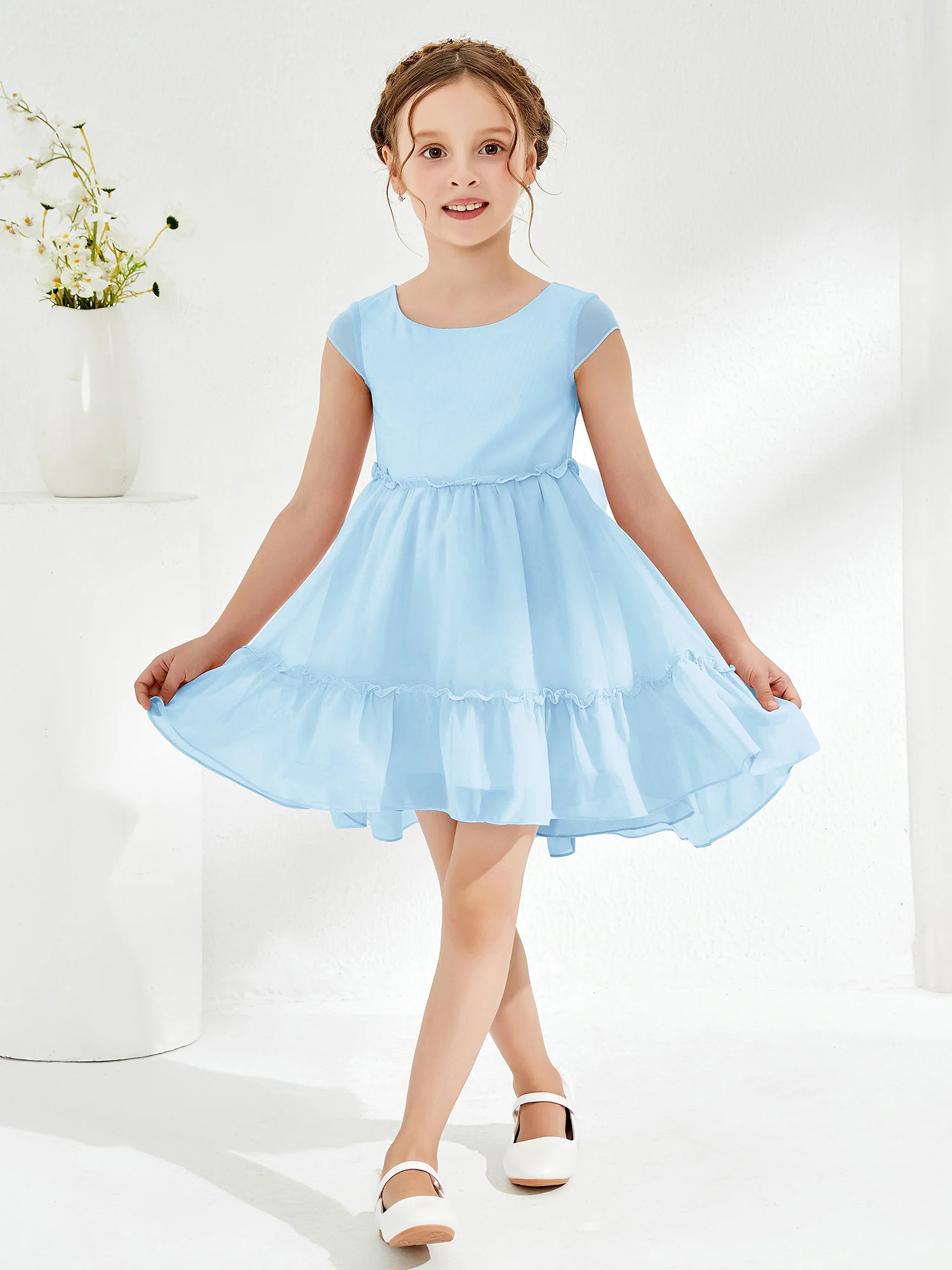 Scoop Chiffon Girl's Knee-Length Dress Sky Blue - Image 3
