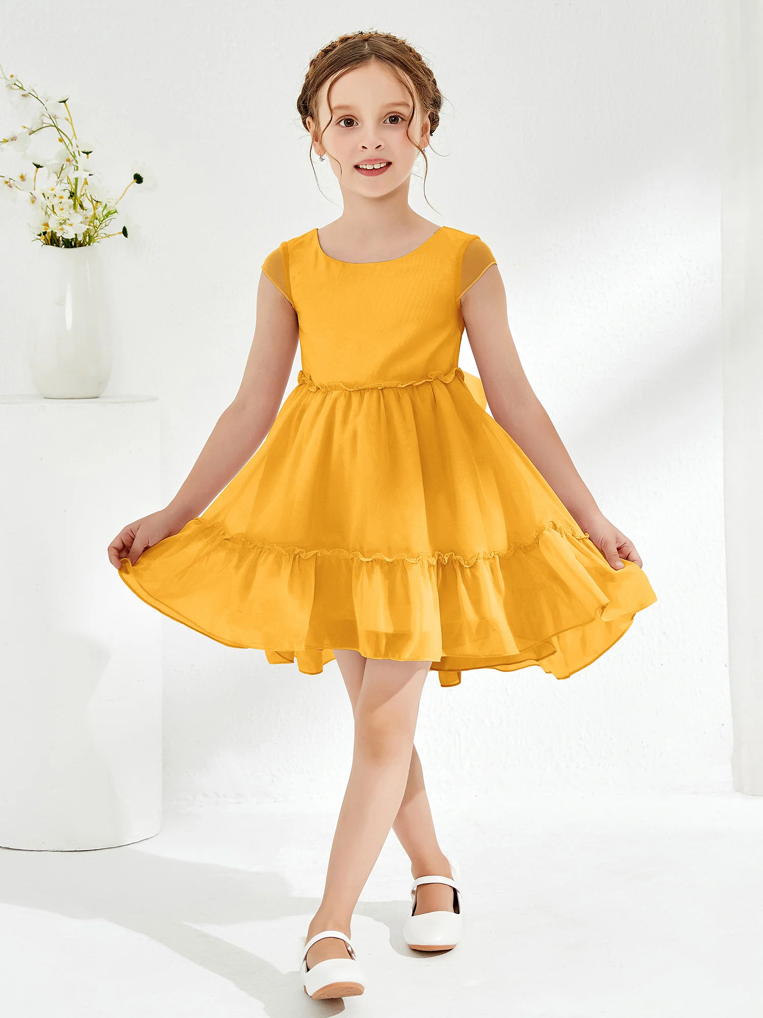 Scoop Chiffon Girl's Knee-Length Dress Tangerine - Image 3