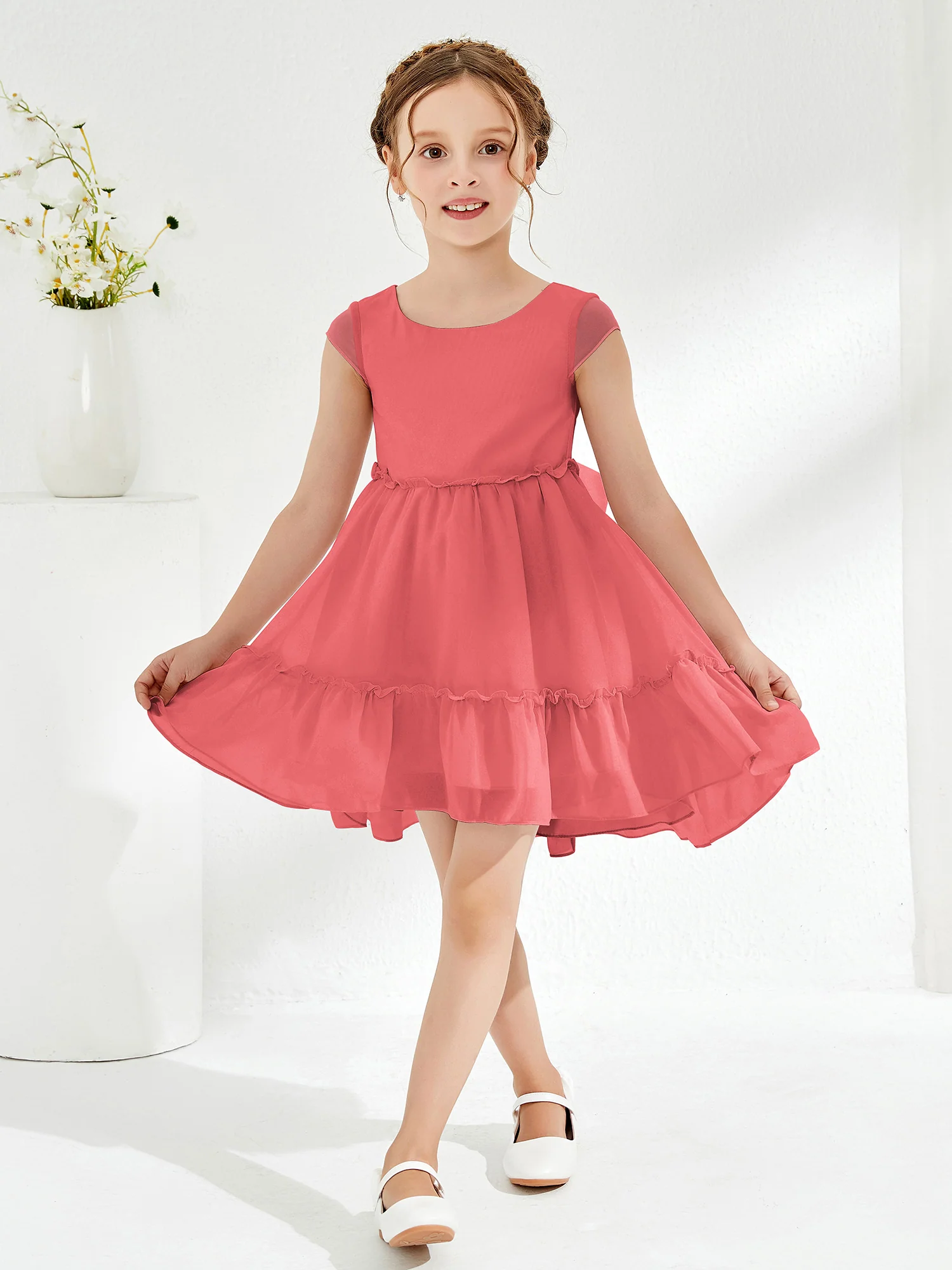 Scoop Chiffon Girl's Knee-Length Dress Watermelon - Image 3