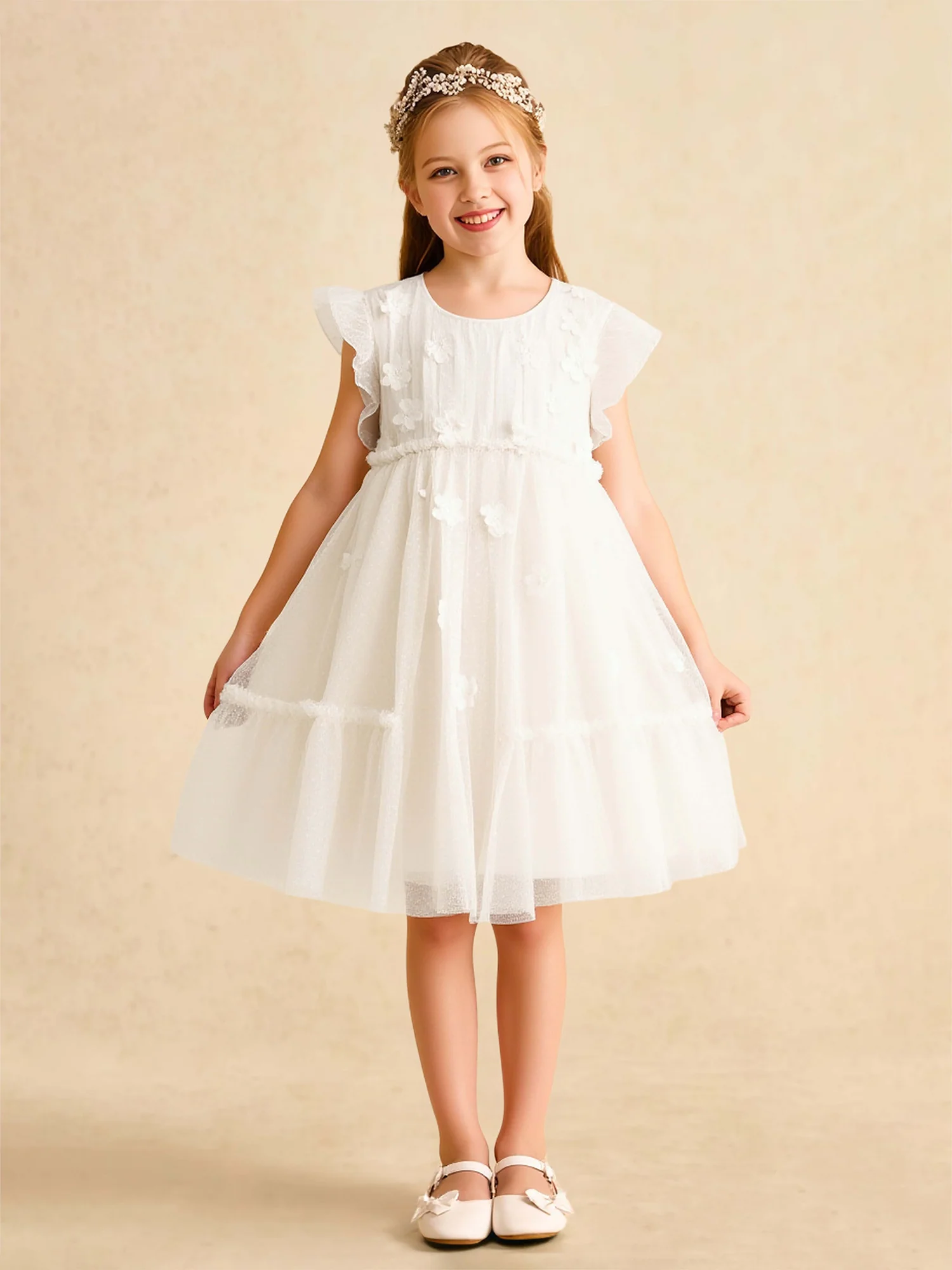 Scoop Flutter Sleeves Knee-Length Flower Girl Dress Ivory