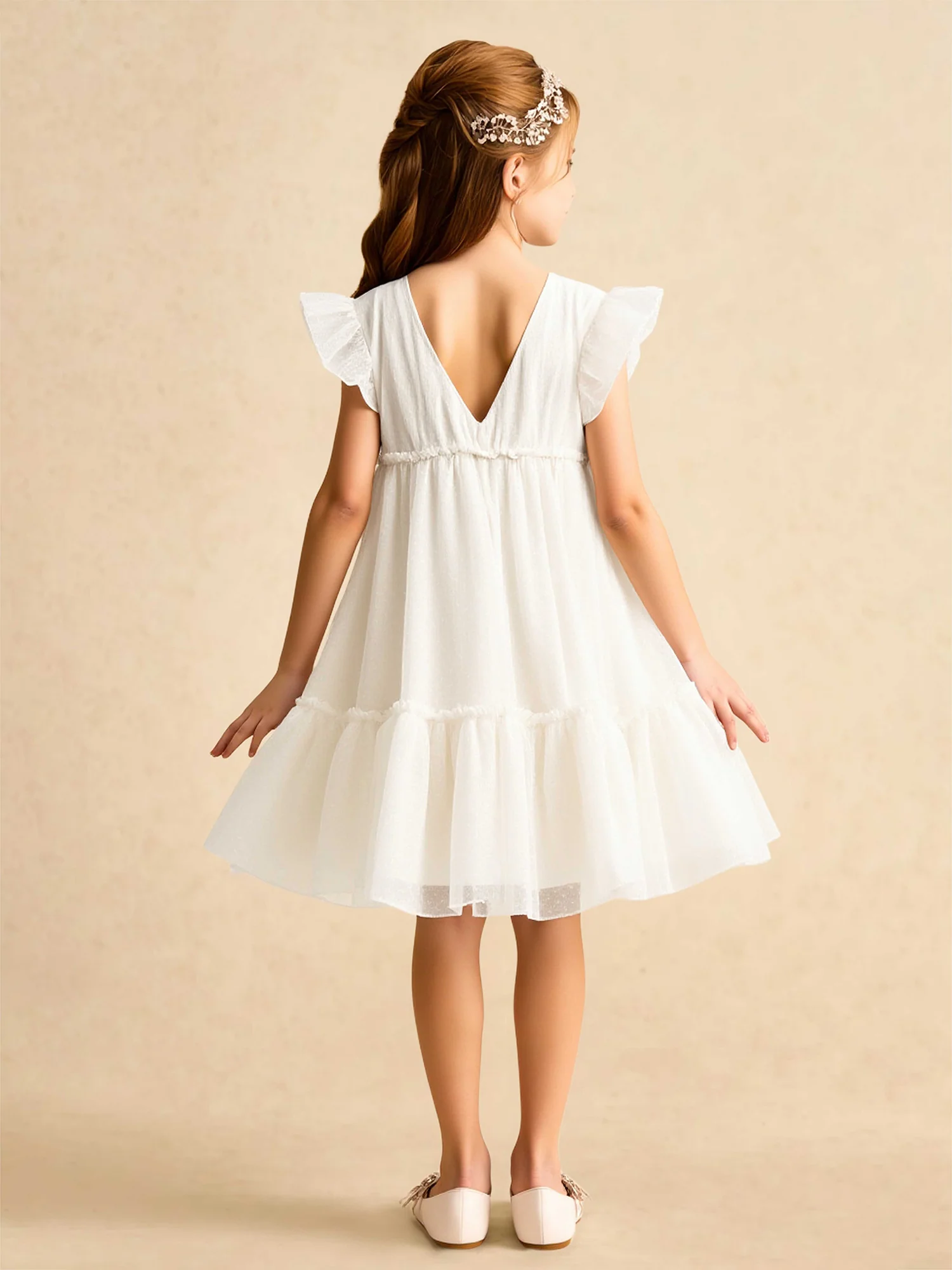 Scoop Flutter Sleeves Knee-Length Flower Girl Dress Ivory - Image 2
