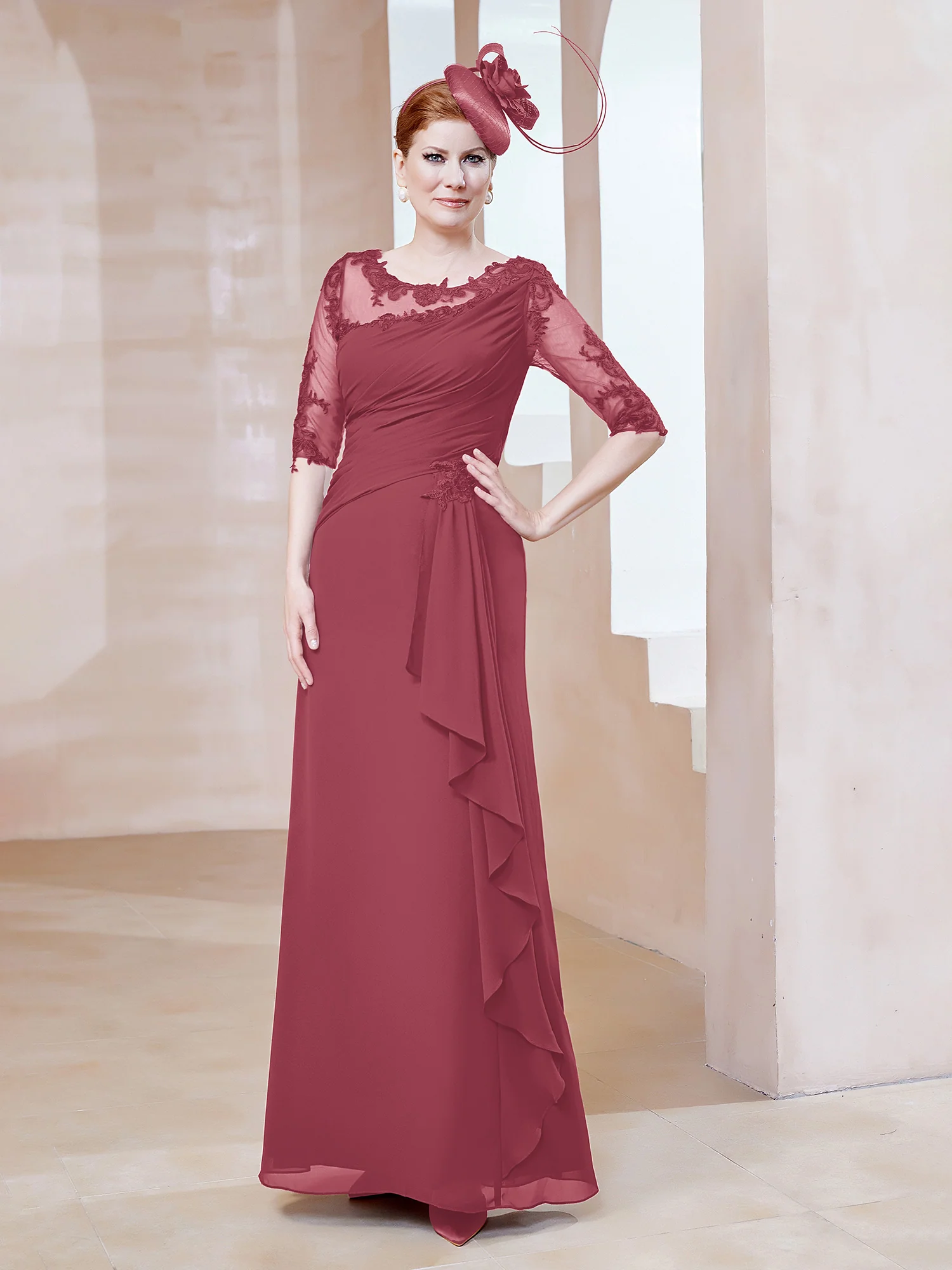 Scoop Lace Neckline Ruffles Sheath Dress Cinnamon Rose