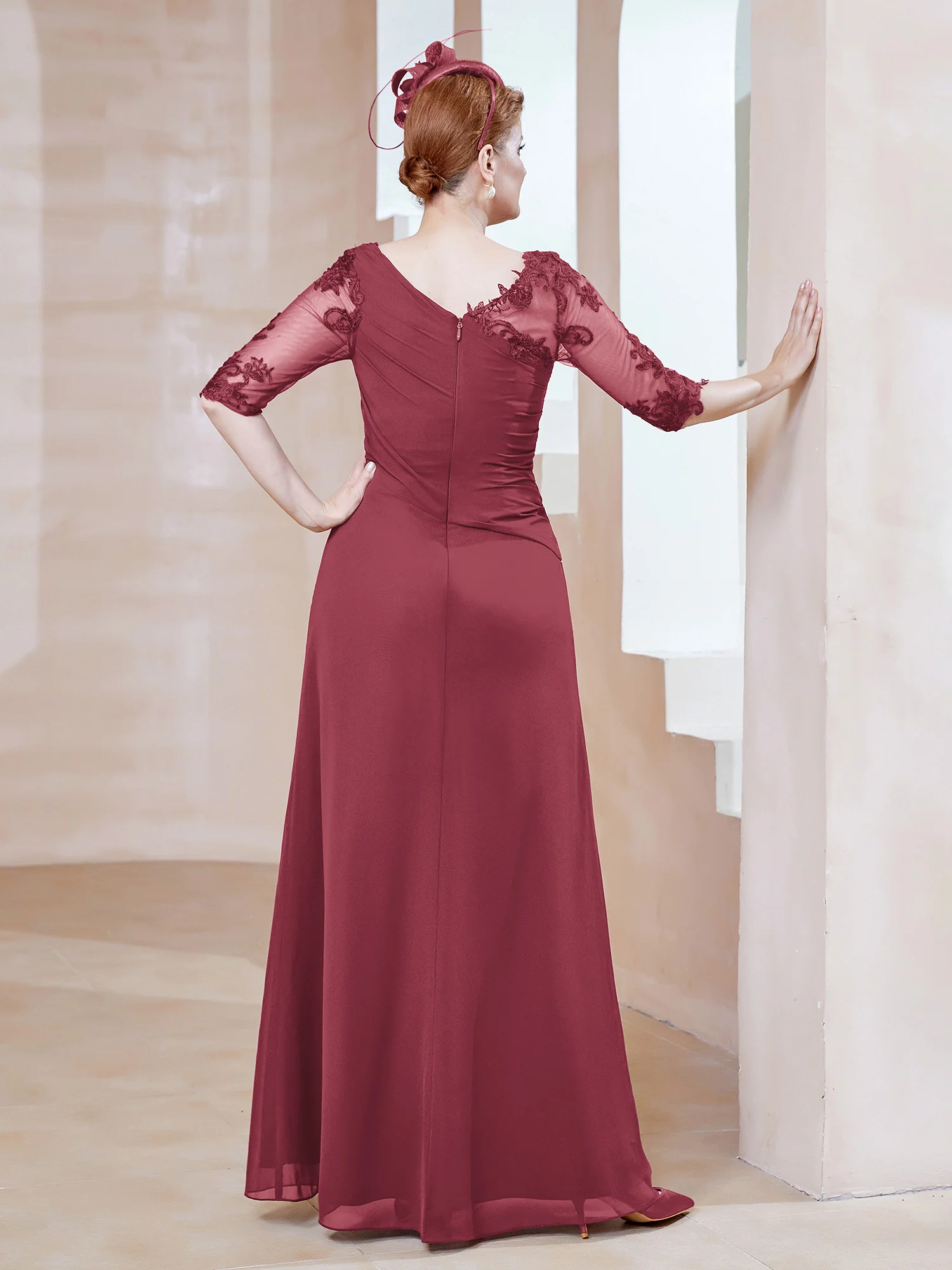 Scoop Lace Neckline Ruffles Sheath Dress Cinnamon Rose - Image 2