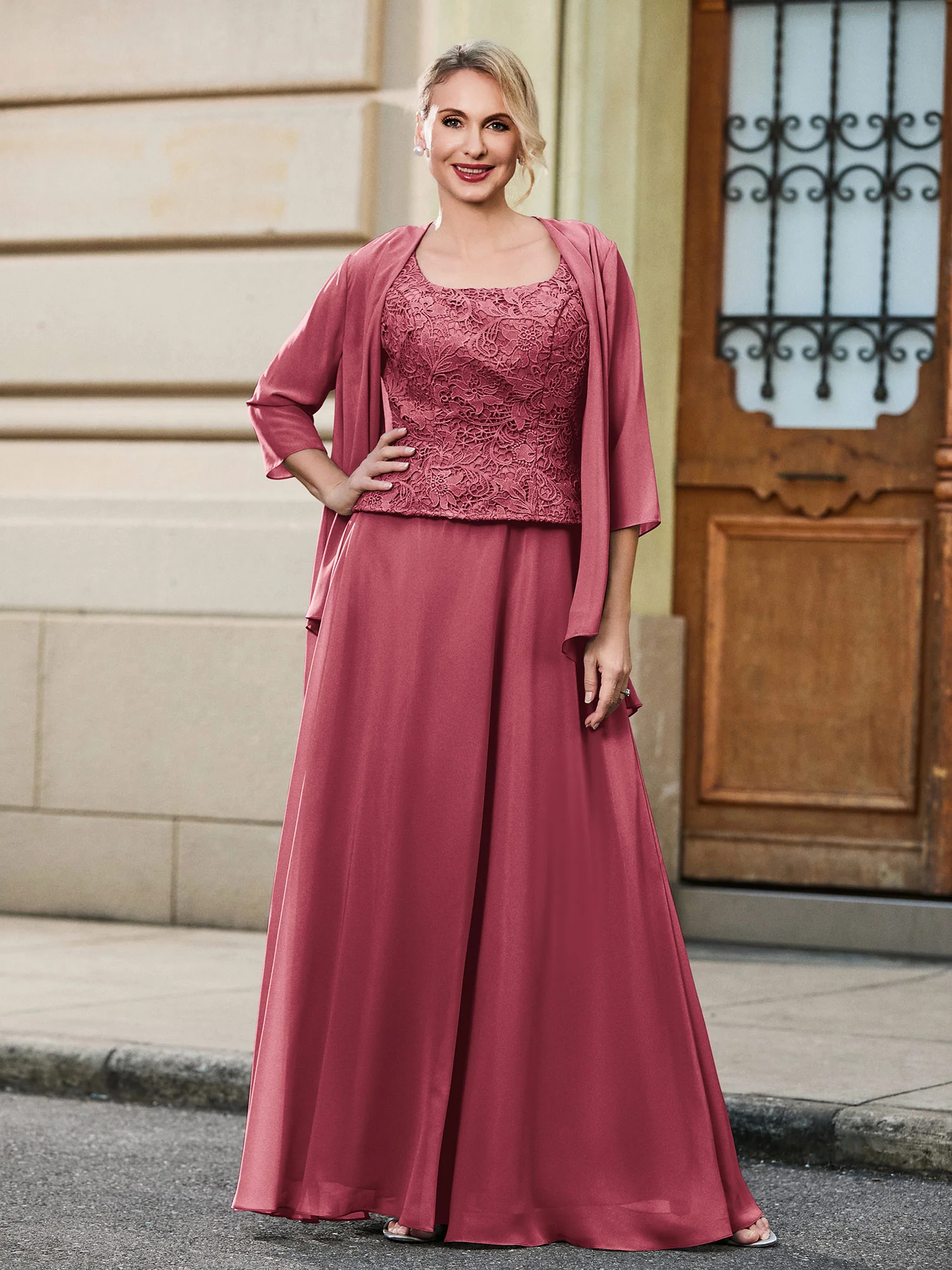 Scoop Lace Top and Chiffon A-line Skirt Two-piece Set Cinnamon Rose