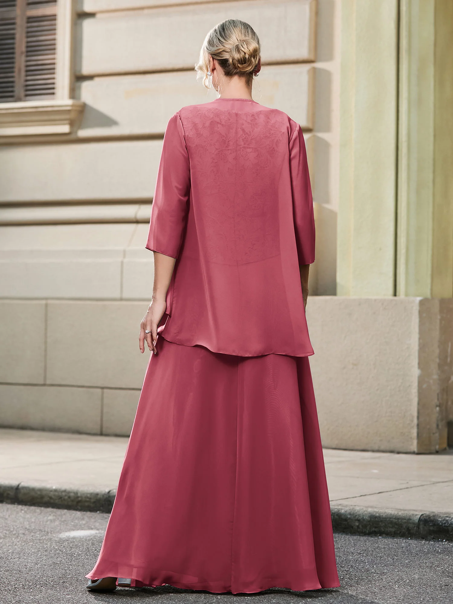 Scoop Lace Top and Chiffon A-line Skirt Two-piece Set Cinnamon Rose - Image 2
