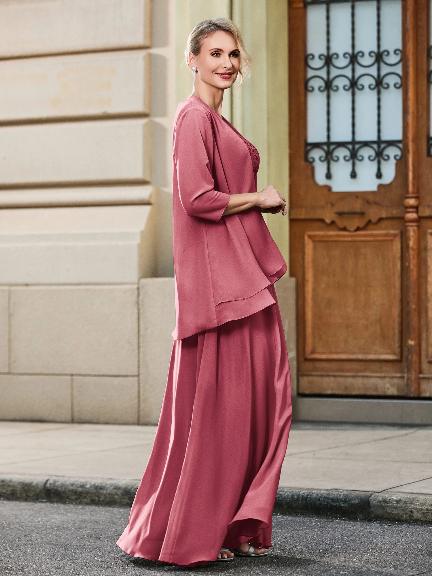 Scoop Lace Top and Chiffon A-line Skirt Two-piece Set Cinnamon Rose - Image 3