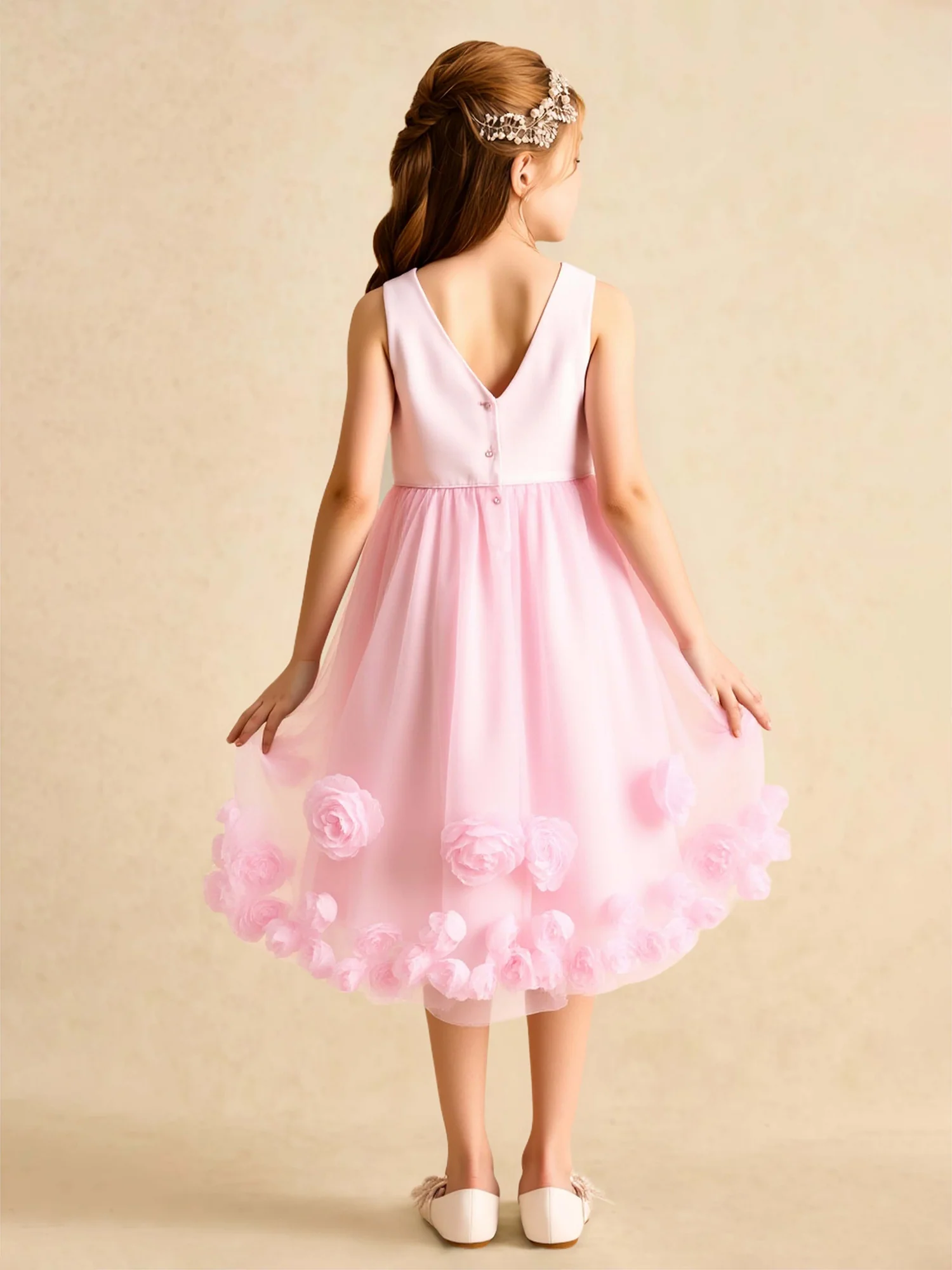 Scoop Neck 3D Flower A-Line Tulle Flower Girl Dress Blushing Pink - Image 2