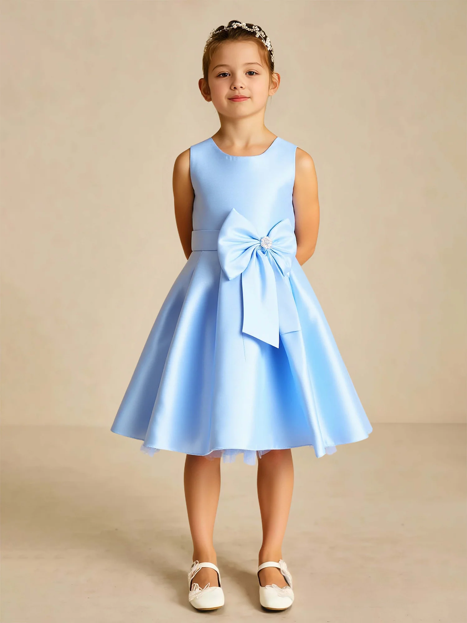 Scoop Neck A-Line Flower Girl Dress With Rhinestone Bow Blue