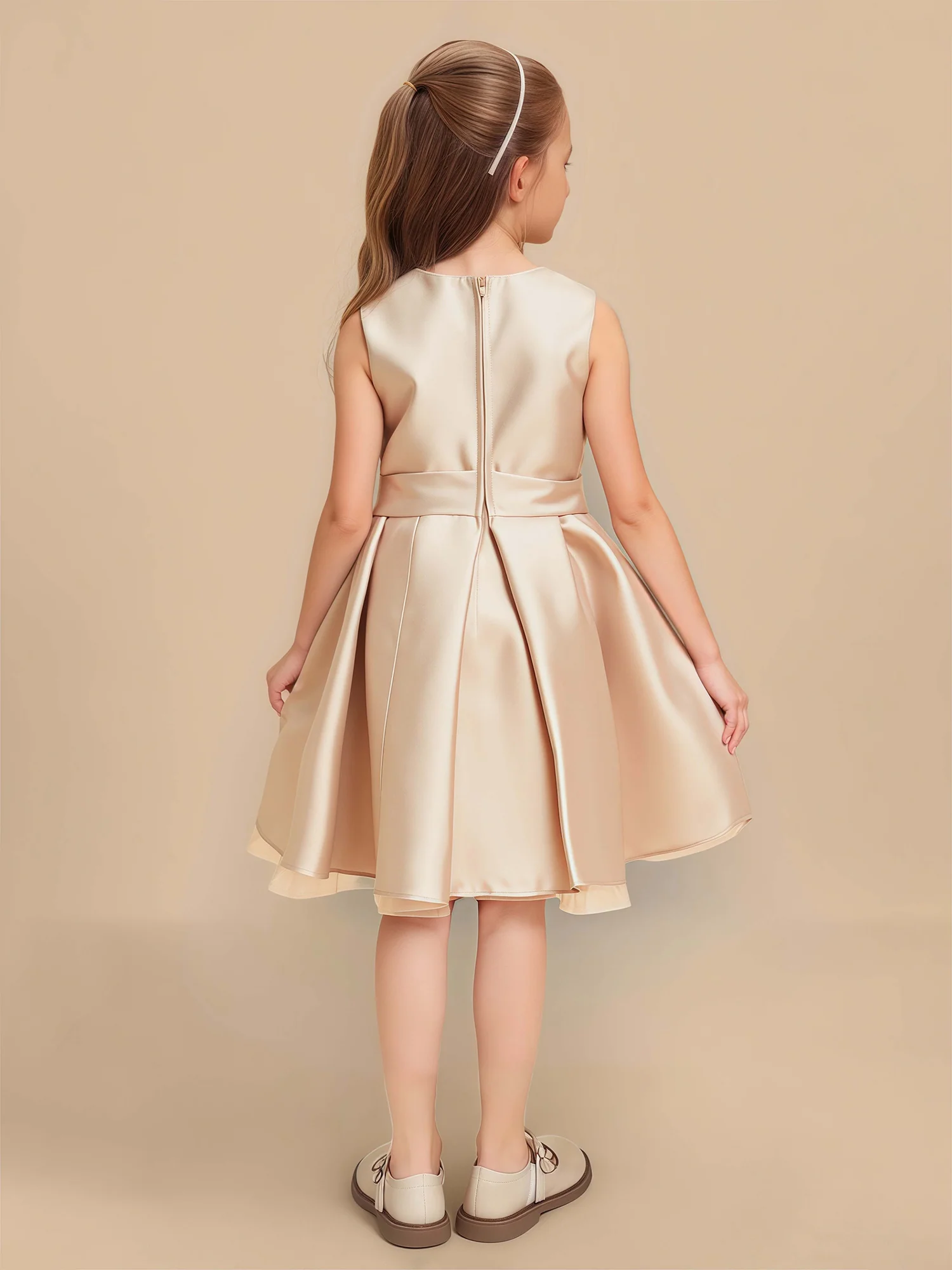 Scoop Neck A-Line Flower Girl Dress With Rhinestone Bow Champagne - Image 2