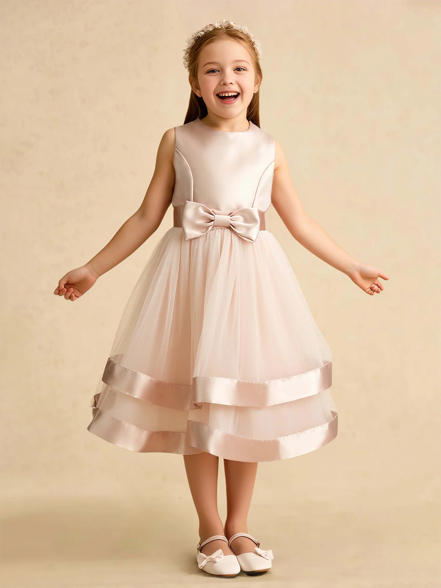 Scoop Neck A-Line Tulle Flower Girl Dress With Bow Champagne