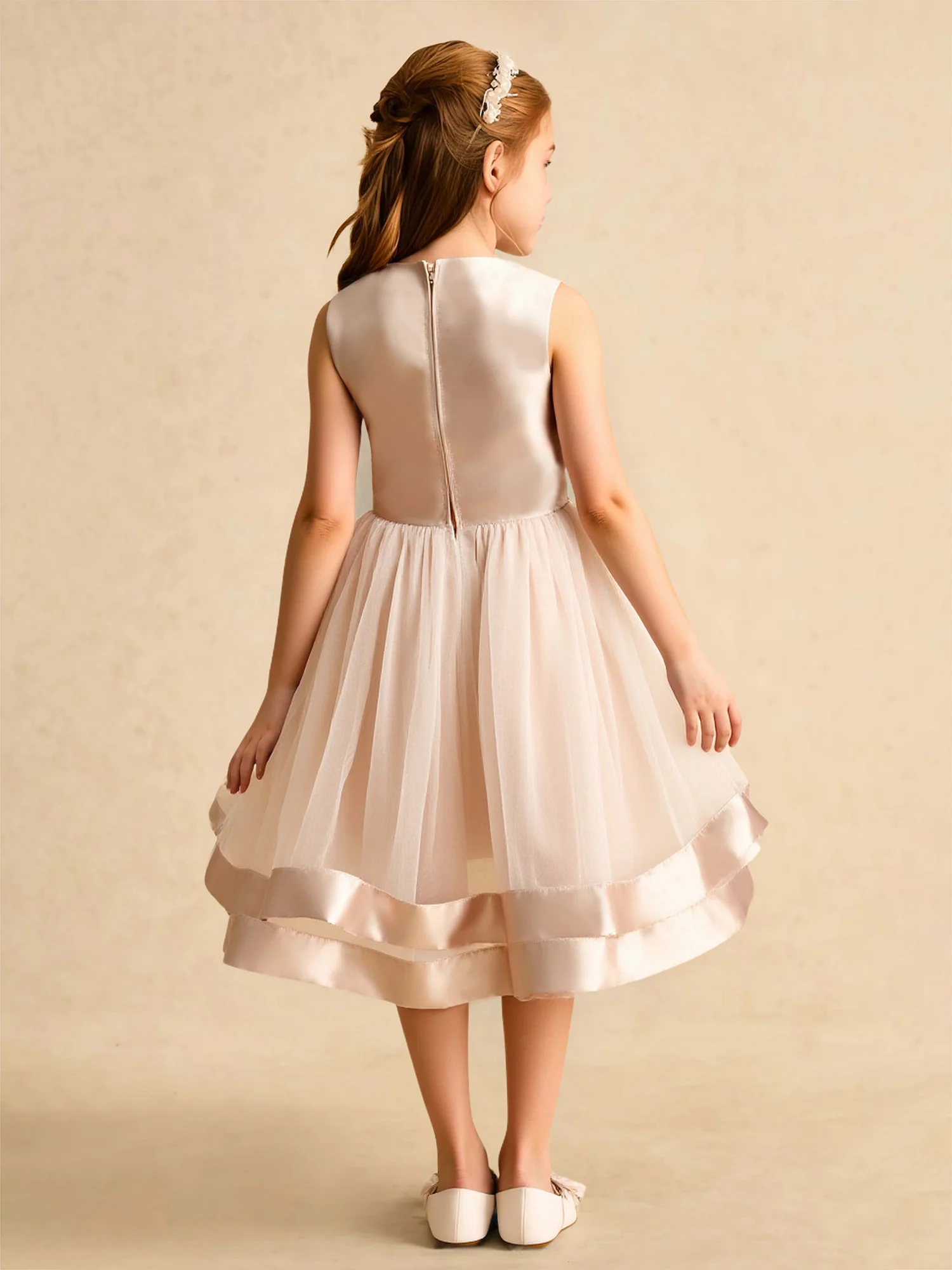 Scoop Neck A-Line Tulle Flower Girl Dress With Bow Champagne - Image 2
