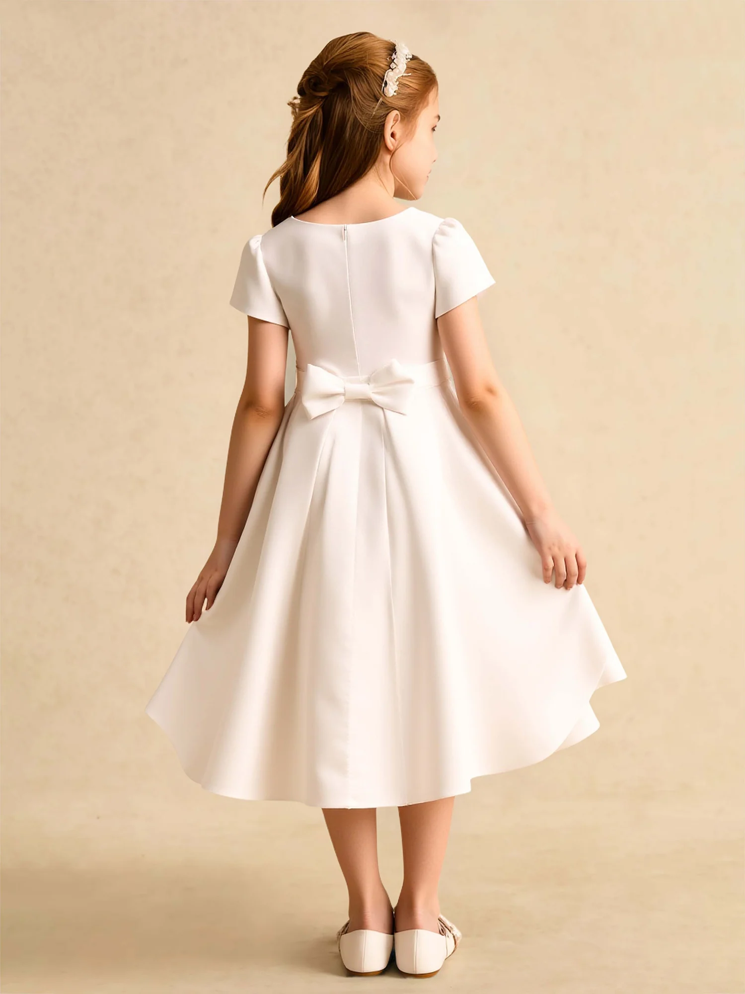 Scoop Neck Beaded A-Line Satin Flower Girl Dress Ivory - Image 2