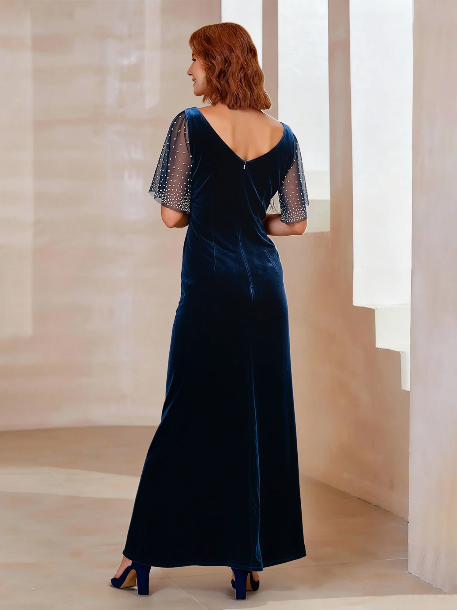 Scoop Neck Beaded Sleeves Velvet Long Dress With Slit Navy Blue - Image 2