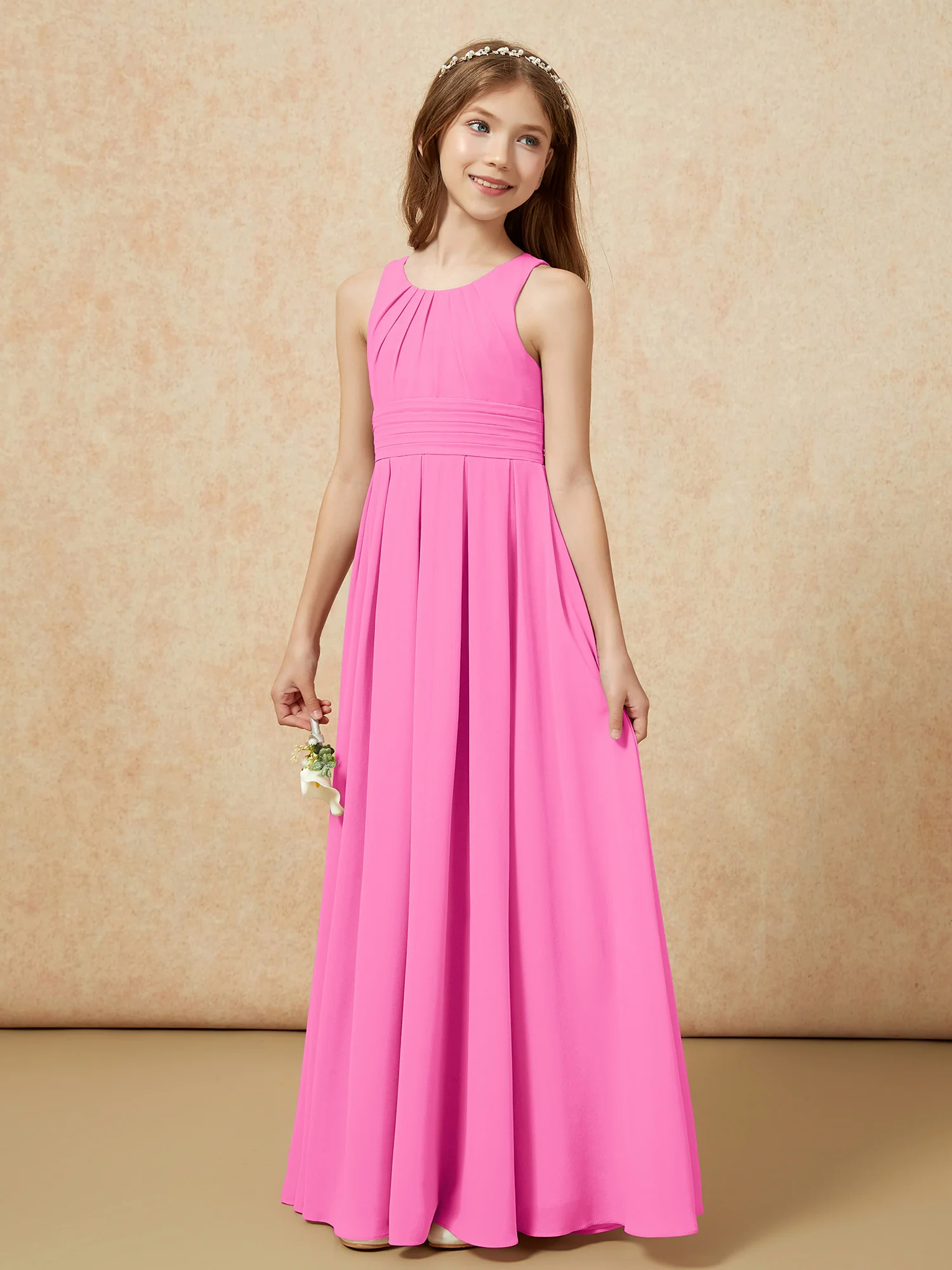 Scoop Neck Pleated Long Junior Bridesmaid Dresses Azalea - Image 3