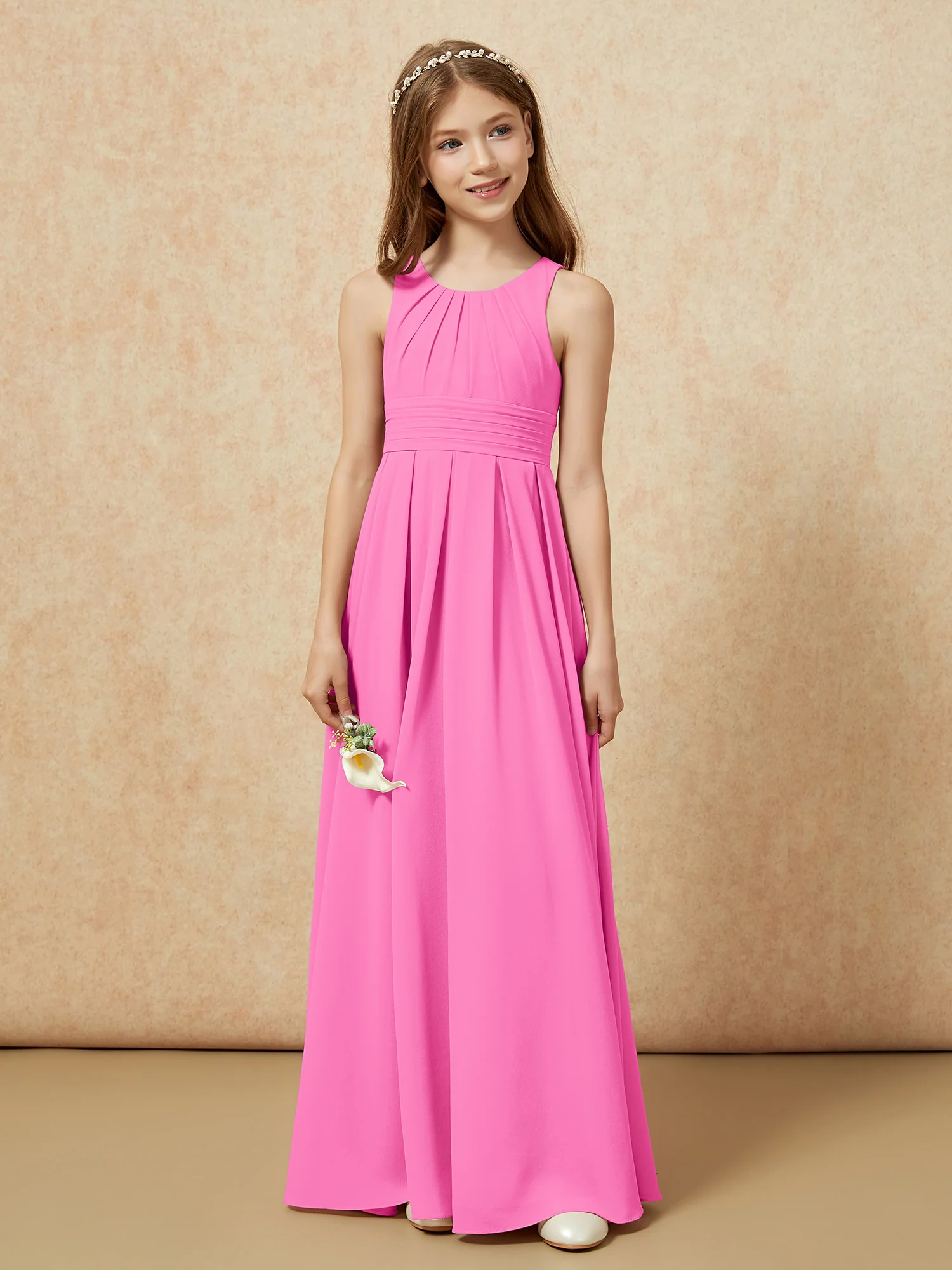 Scoop Neck Pleated Long Junior Bridesmaid Dresses Azalea - Image 4