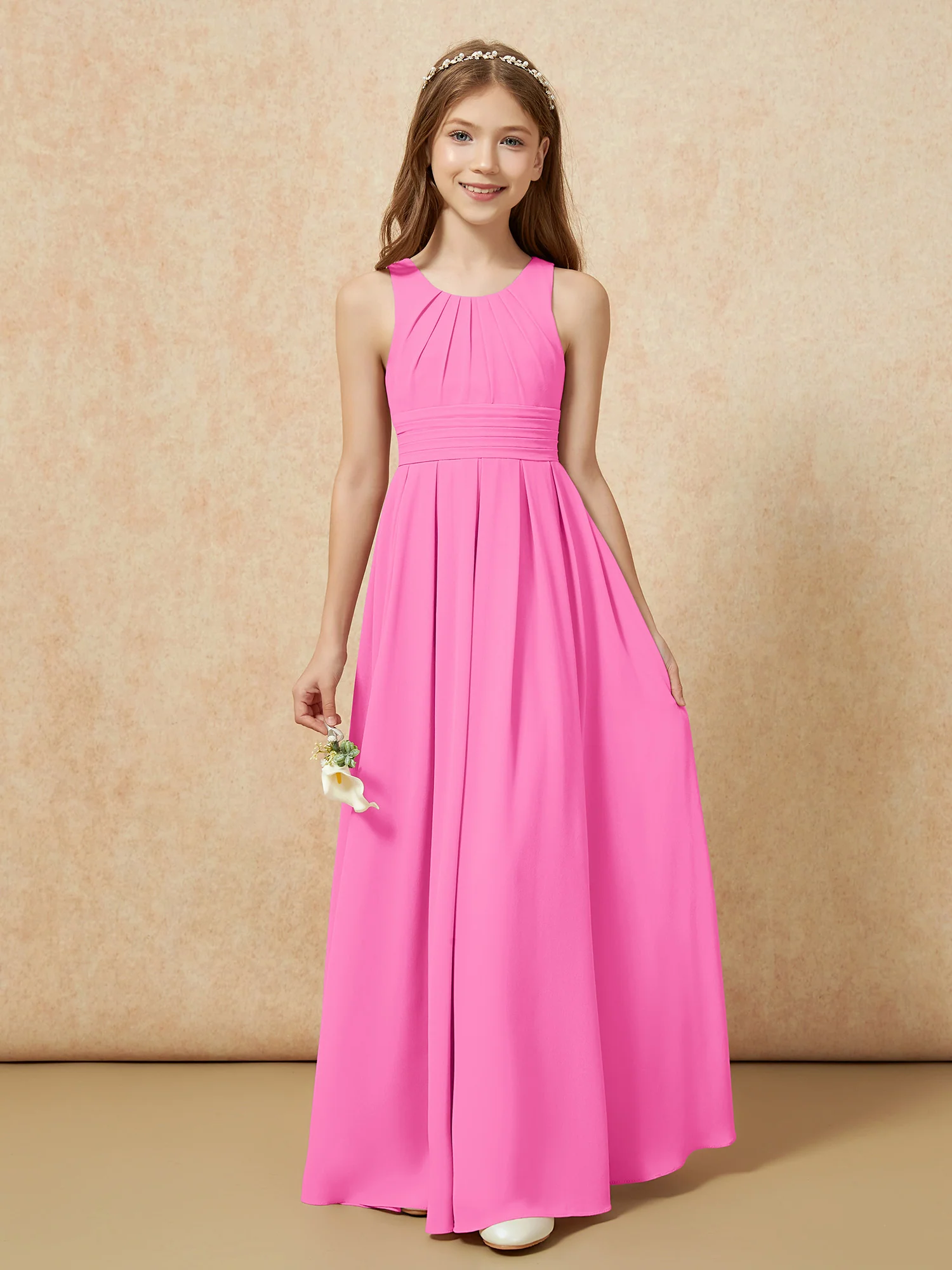 Scoop Neck Pleated Long Junior Bridesmaid Dresses Azalea - Image 5