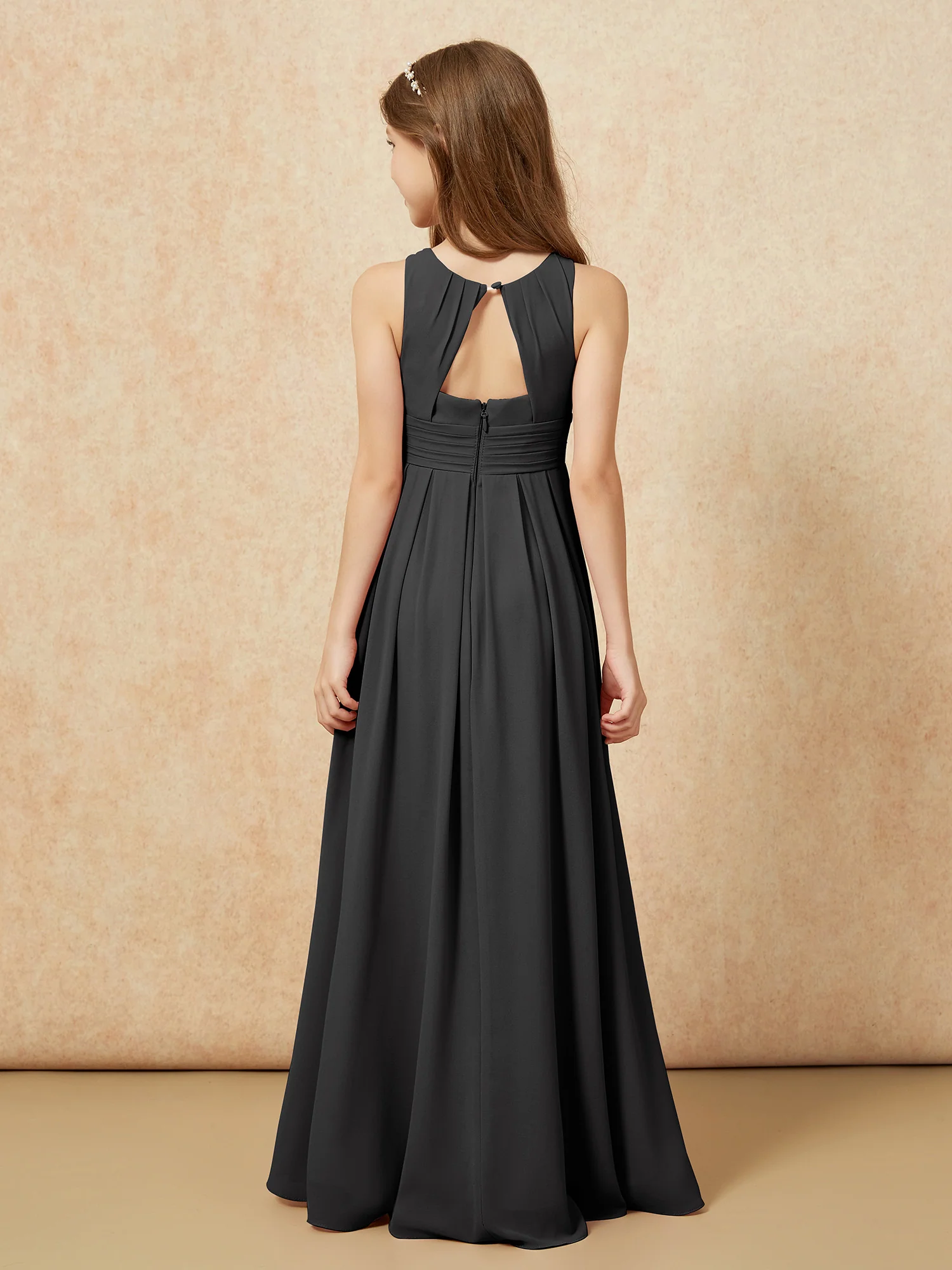 Scoop Neck Pleated Long Junior Bridesmaid Dresses Black - Image 2