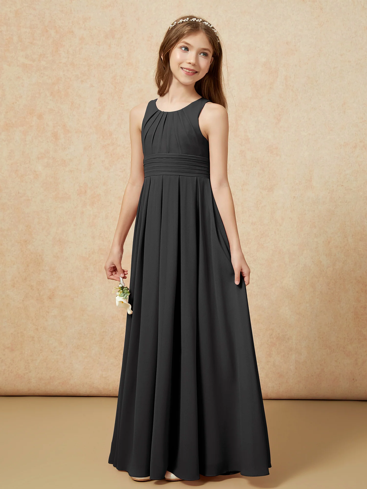 Scoop Neck Pleated Long Junior Bridesmaid Dresses Black - Image 3