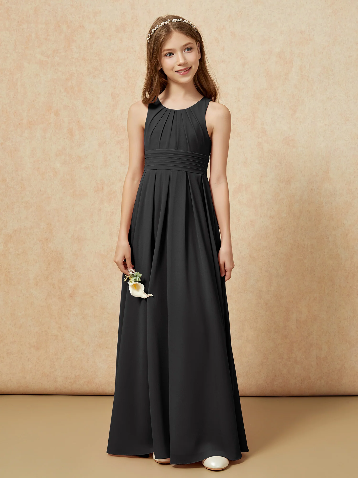 Scoop Neck Pleated Long Junior Bridesmaid Dresses Black - Image 4